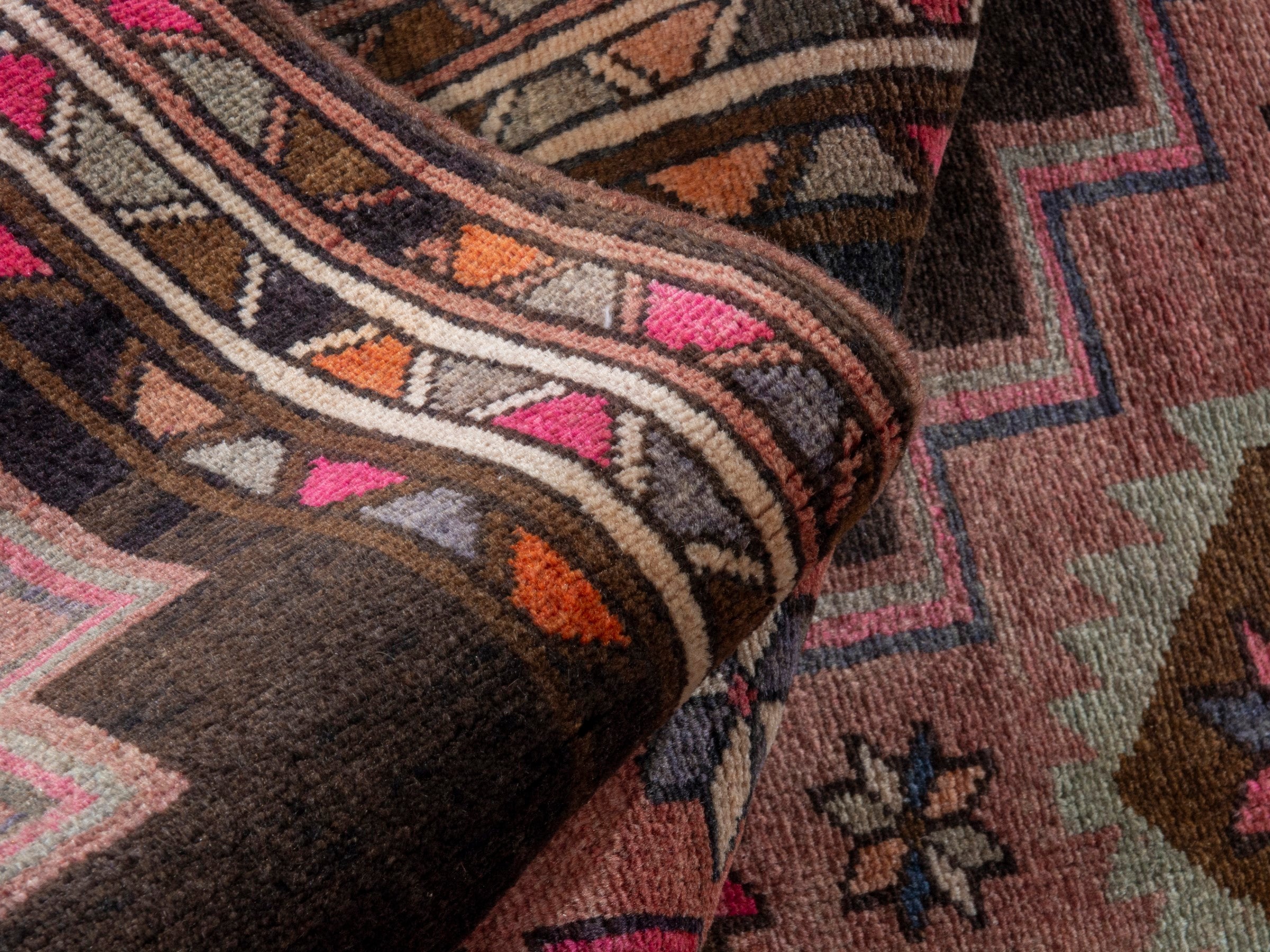 Persian Azerbaijan runner rug in muted pink and dark brown, view 16 of 18