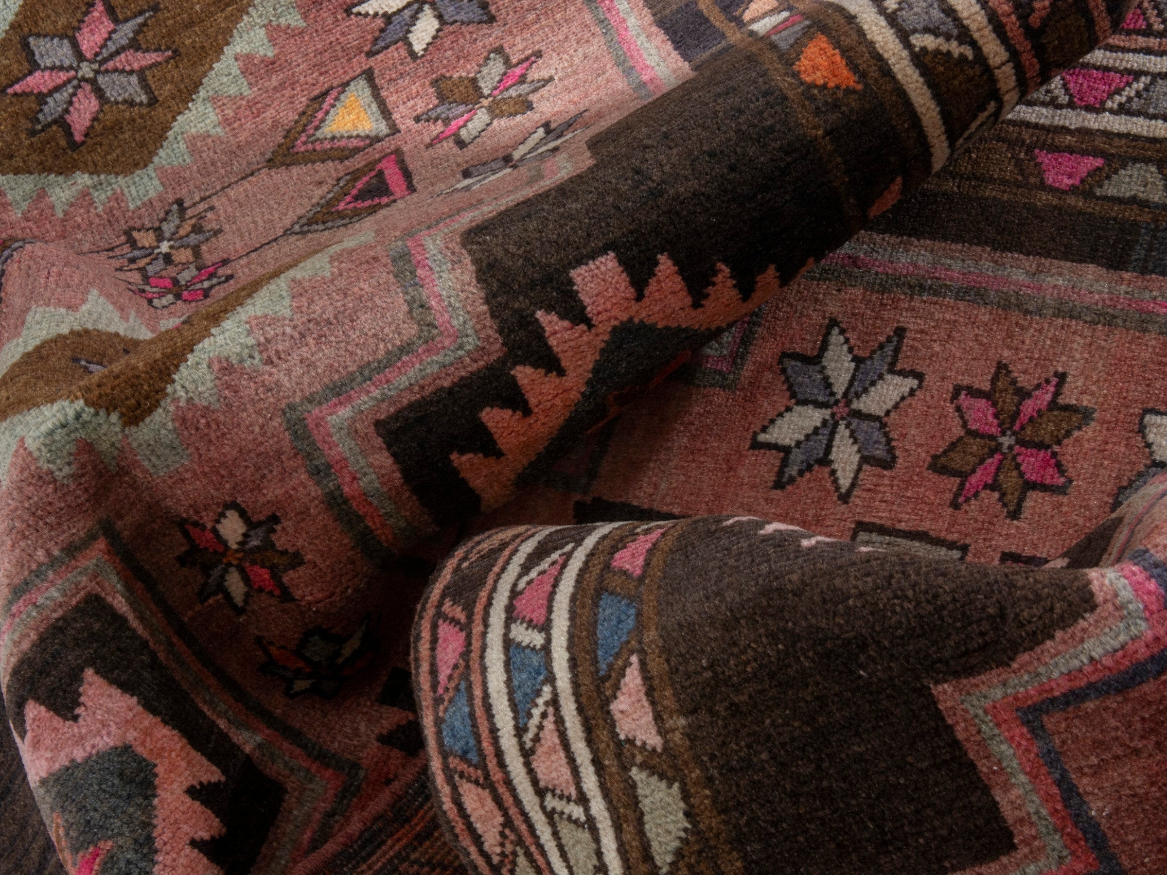 Persian Azerbaijan runner rug in muted pink and dark brown, view 17 of 18