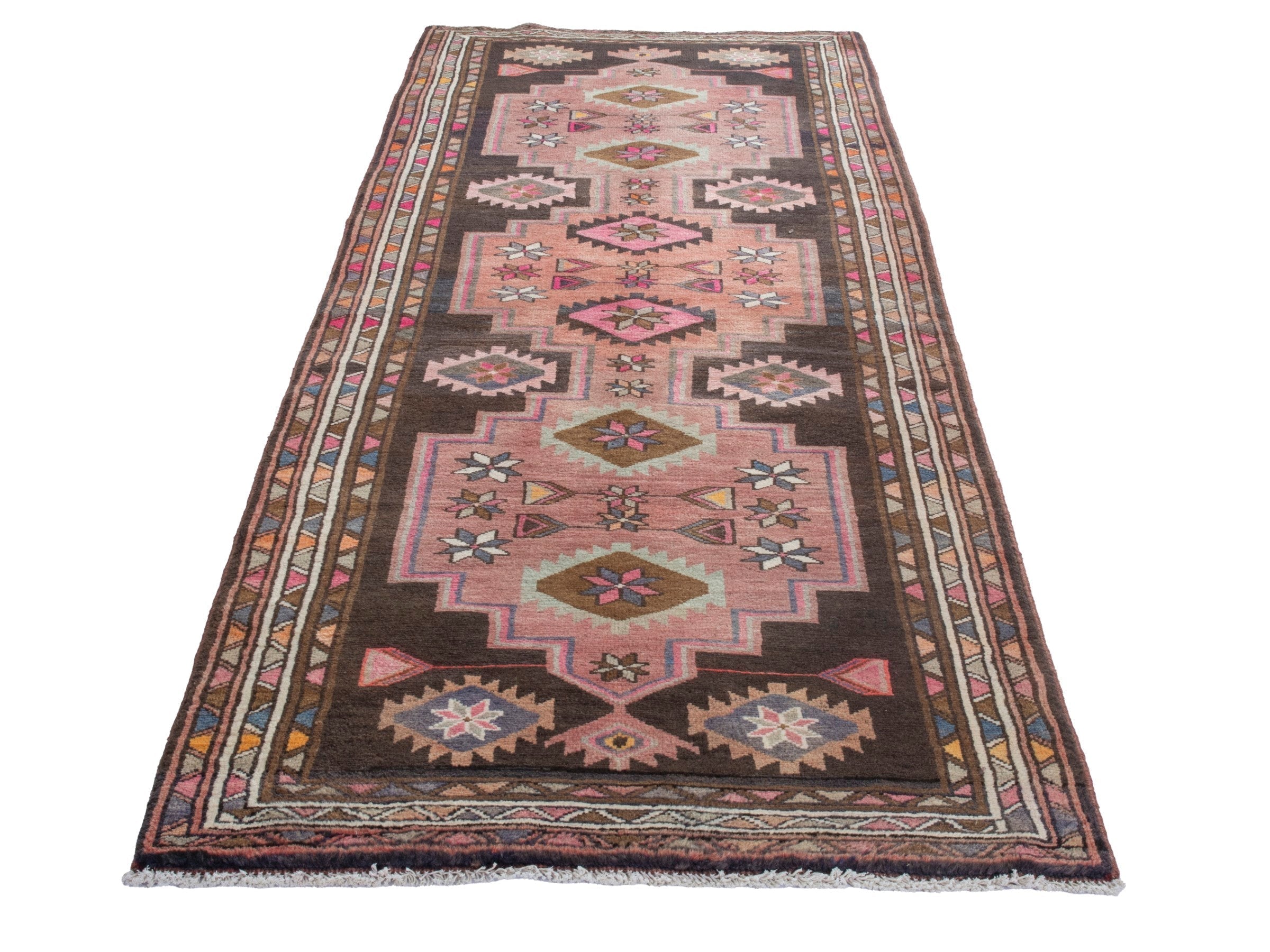 Persian Azerbaijan runner rug in muted pink and dark brown, view 2 of 18