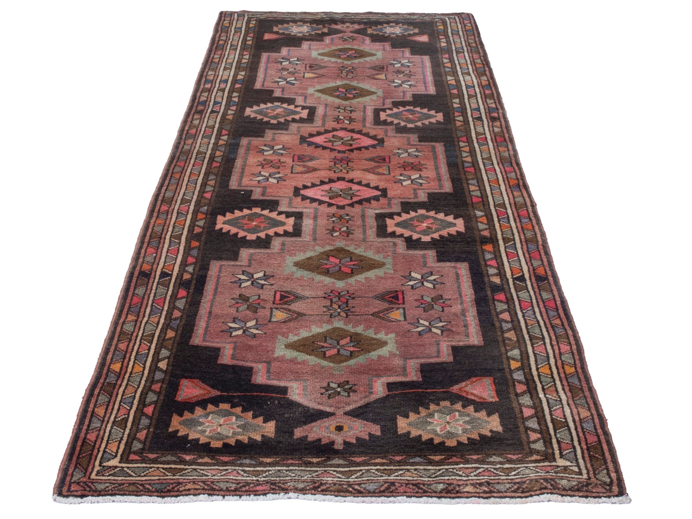 Persian Azerbaijan runner rug in muted pink and dark brown, view 3 of 18