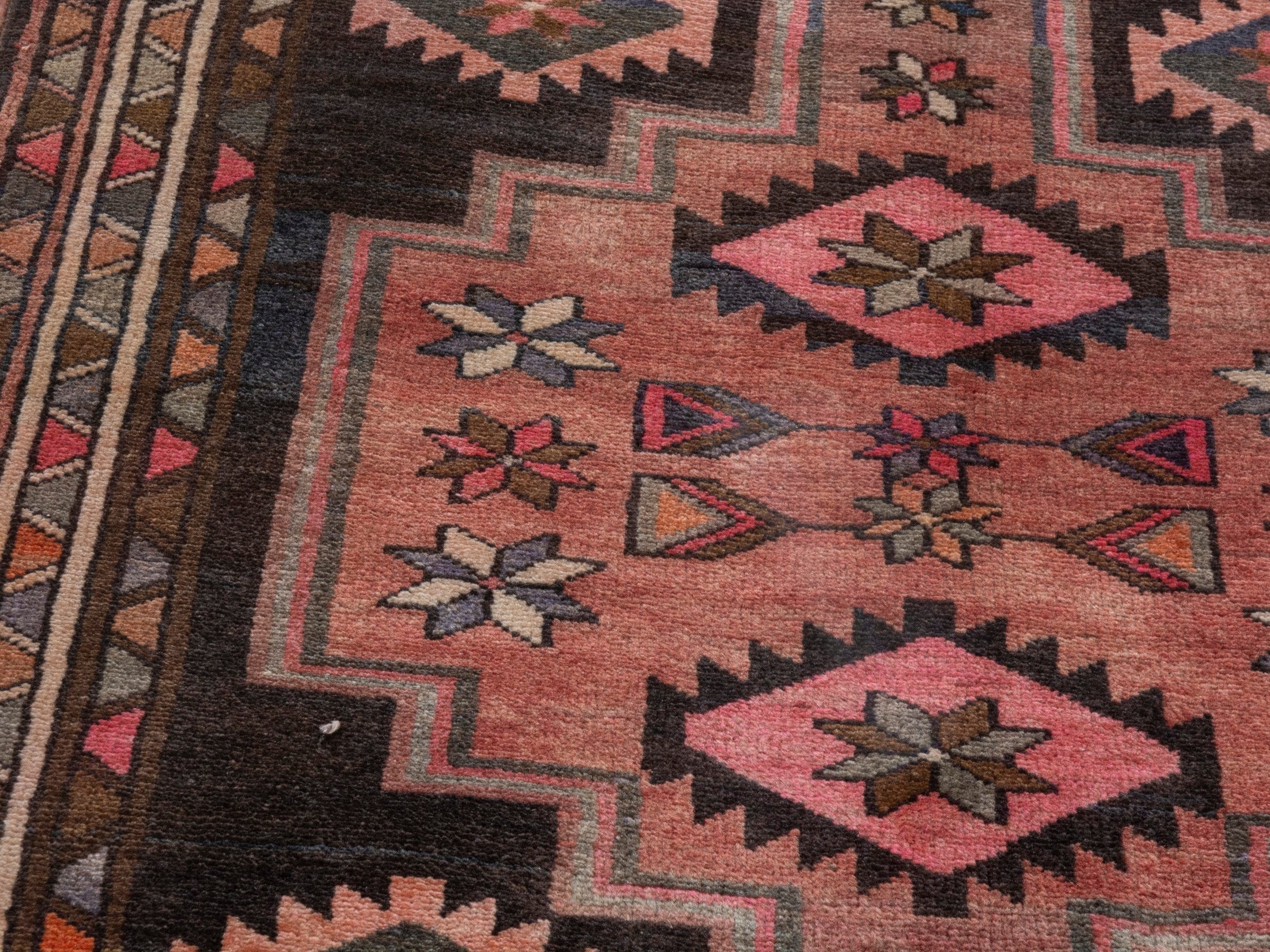 Persian Azerbaijan runner rug in muted pink and dark brown, view 9 of 18