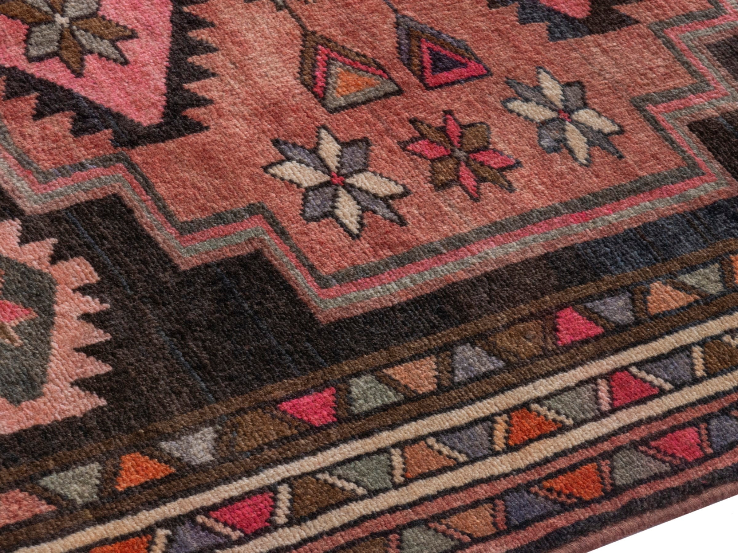 Persian Azerbaijan runner rug in muted pink and dark brown, view 6 of 18