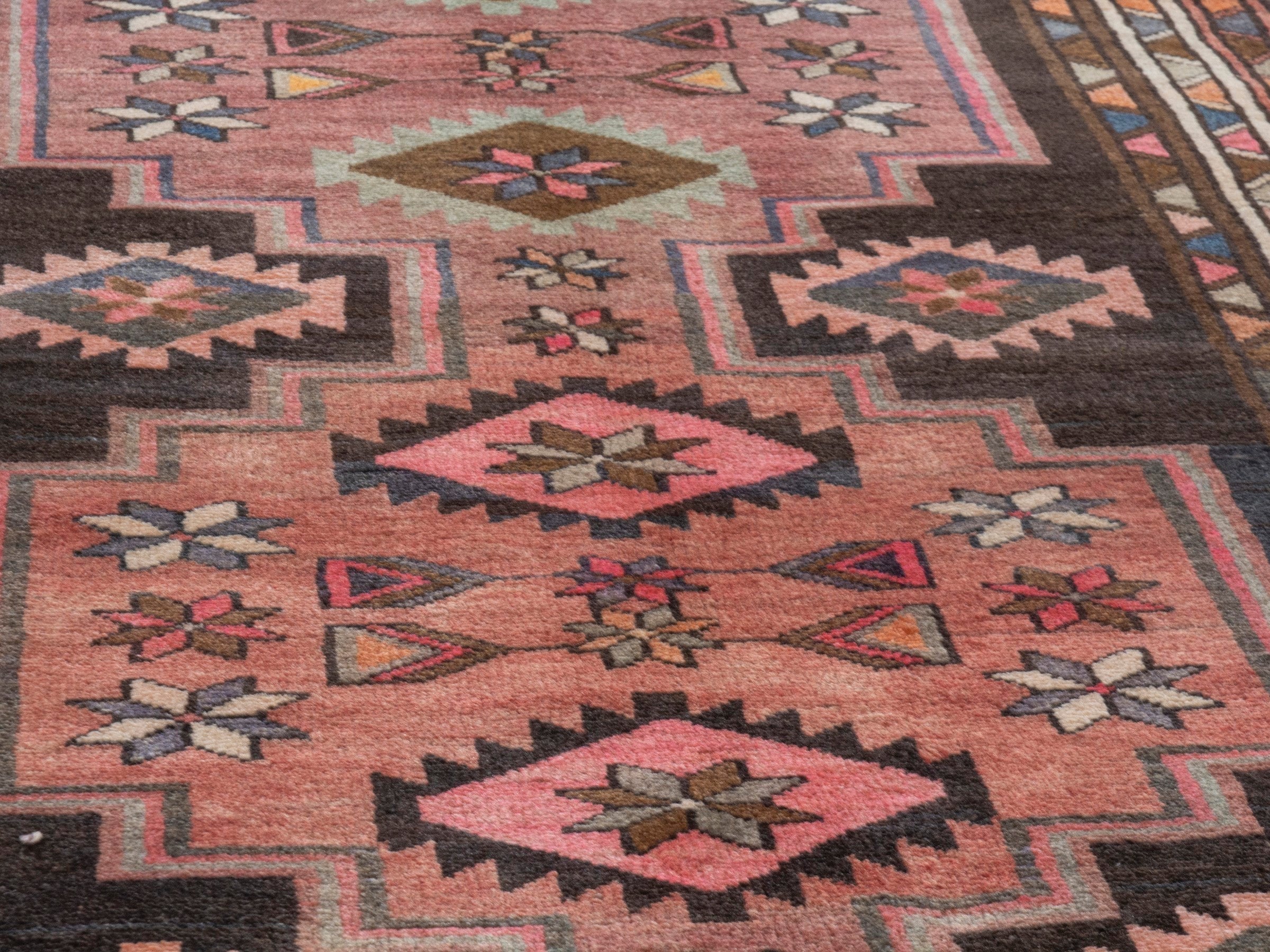 Persian Azerbaijan runner rug in muted pink and dark brown, view 7 of 18