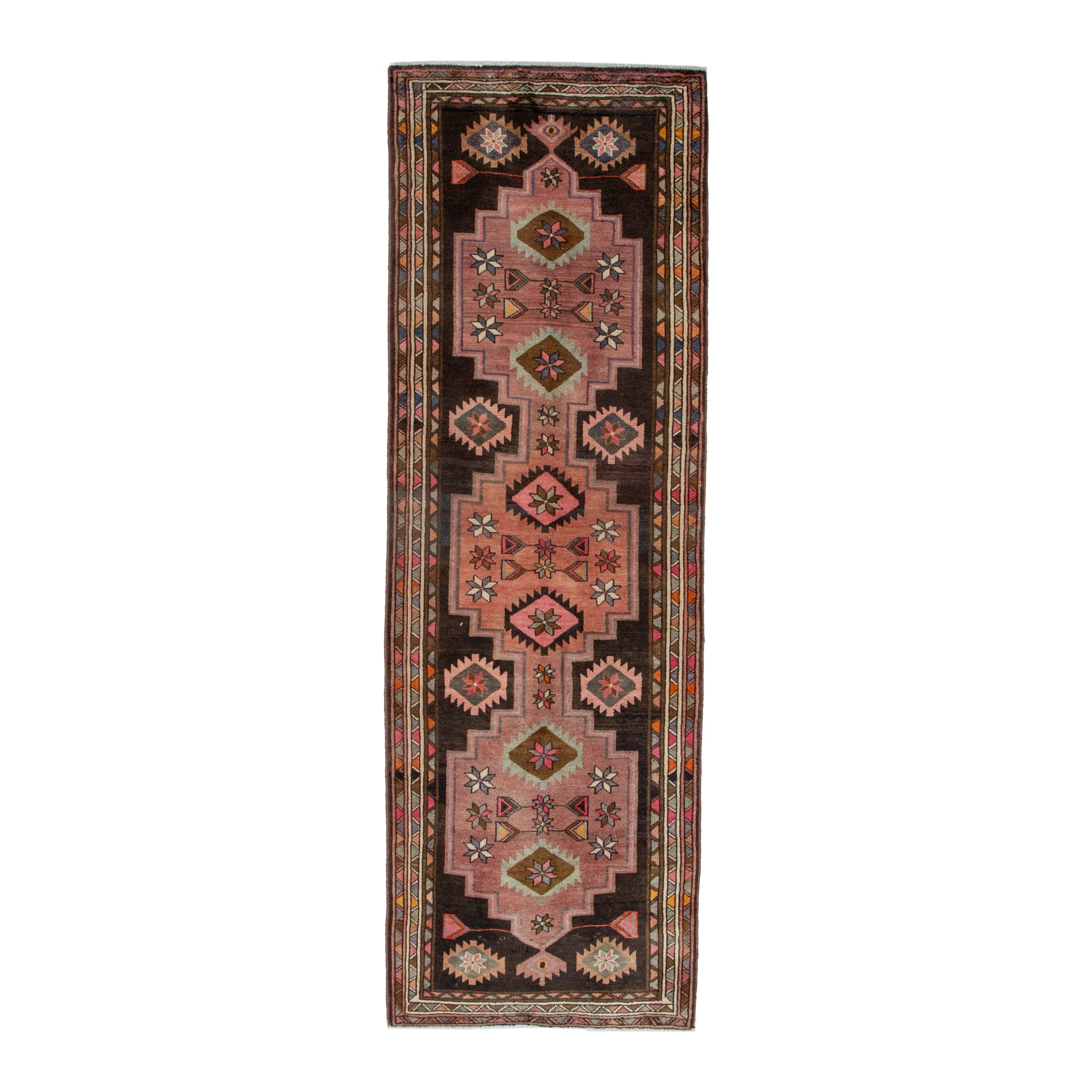 Persian Azerbaijan runner rug in muted pink and dark brown, 3'7" x 10'4"
