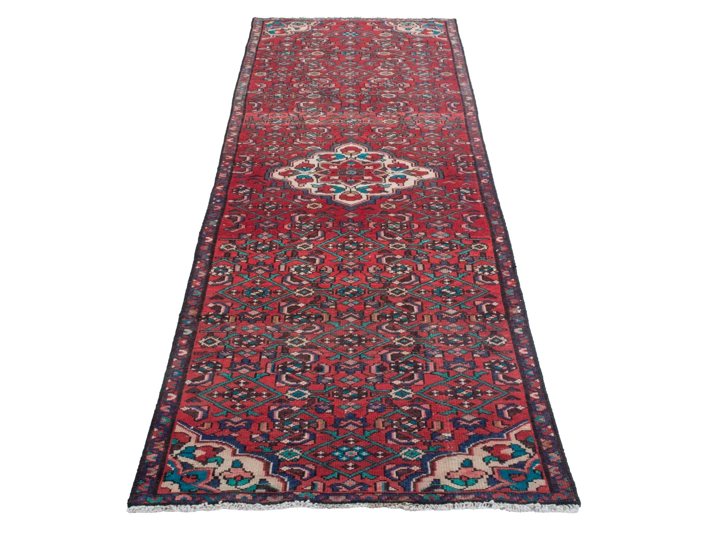 Persian Hamedan runner rug in deep red and off-white, view 2 of 18