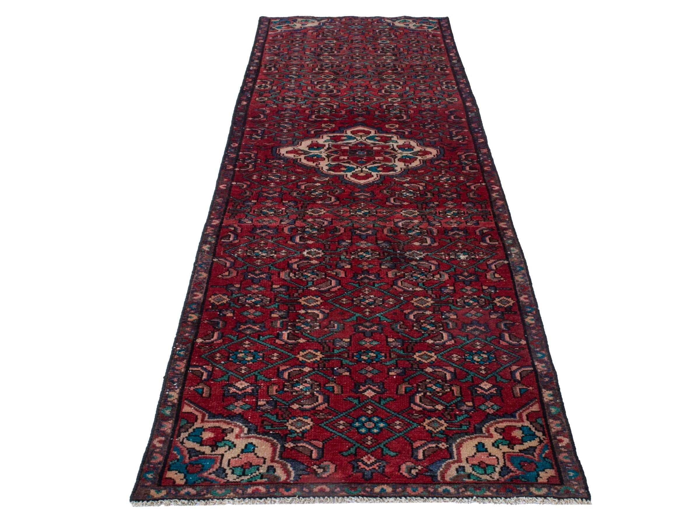 Persian Hamedan runner rug in deep red and off-white, view 3 of 18