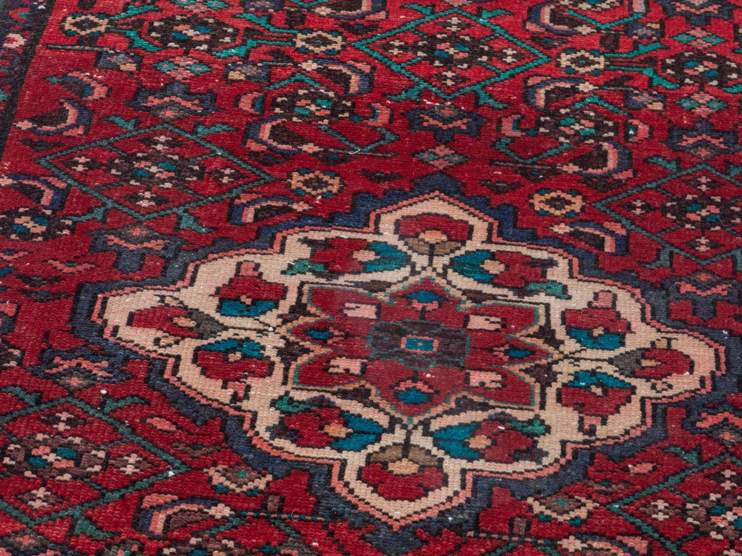 Persian Hamedan runner rug in deep red and off-white, view 9 of 18