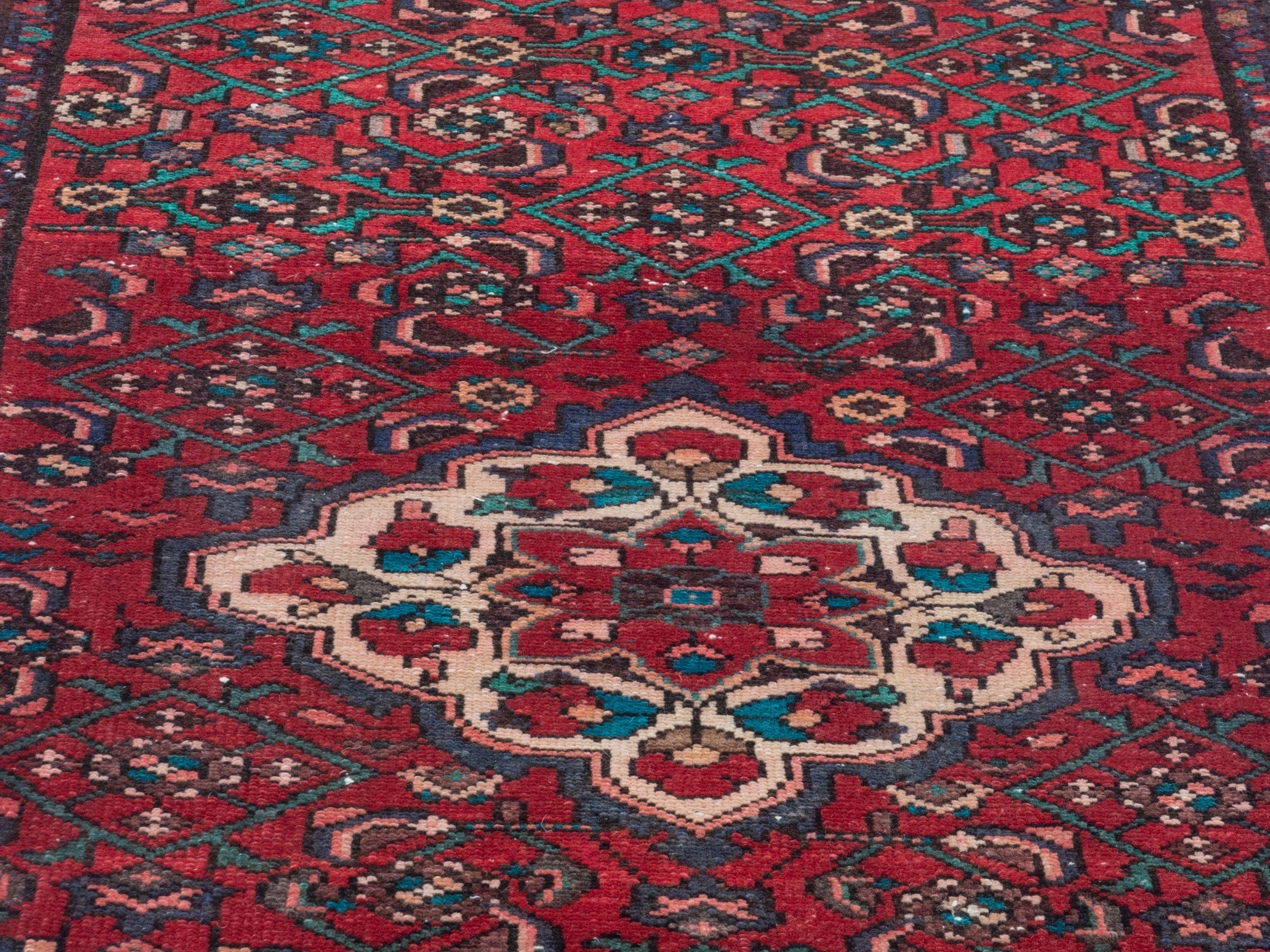 Persian Hamedan runner rug in deep red and off-white, view 7 of 18