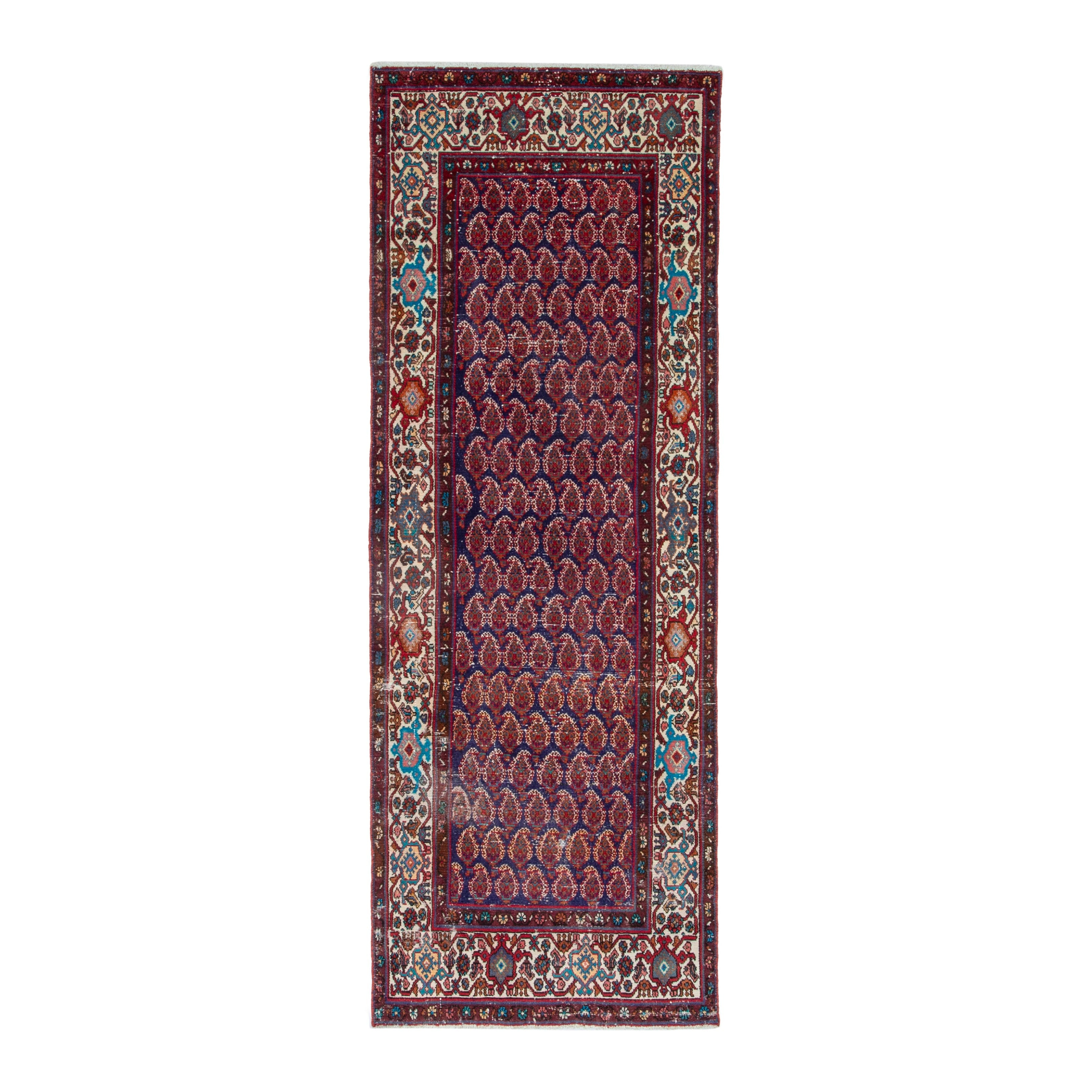 Persian Hamedan runner rug in burgundy and off-white, 3'6" x 9'11"
