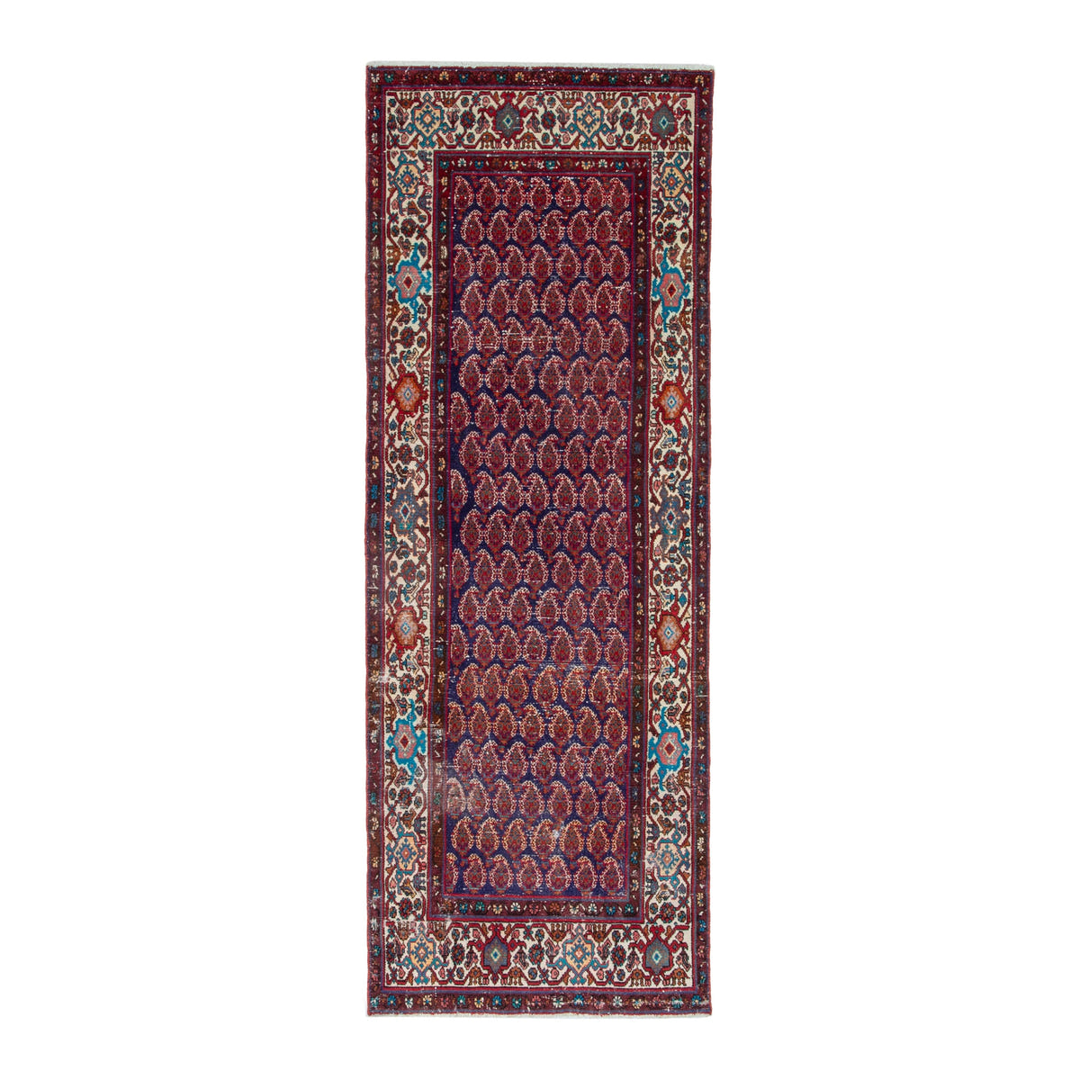 Persian Hamedan runner rug in burgundy and off-white, 3'6" x 9'11"