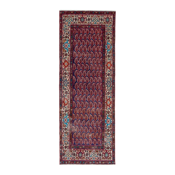 Persian Hamadan runner rug in burgundy and off-white, 3'6" x 9'11"
