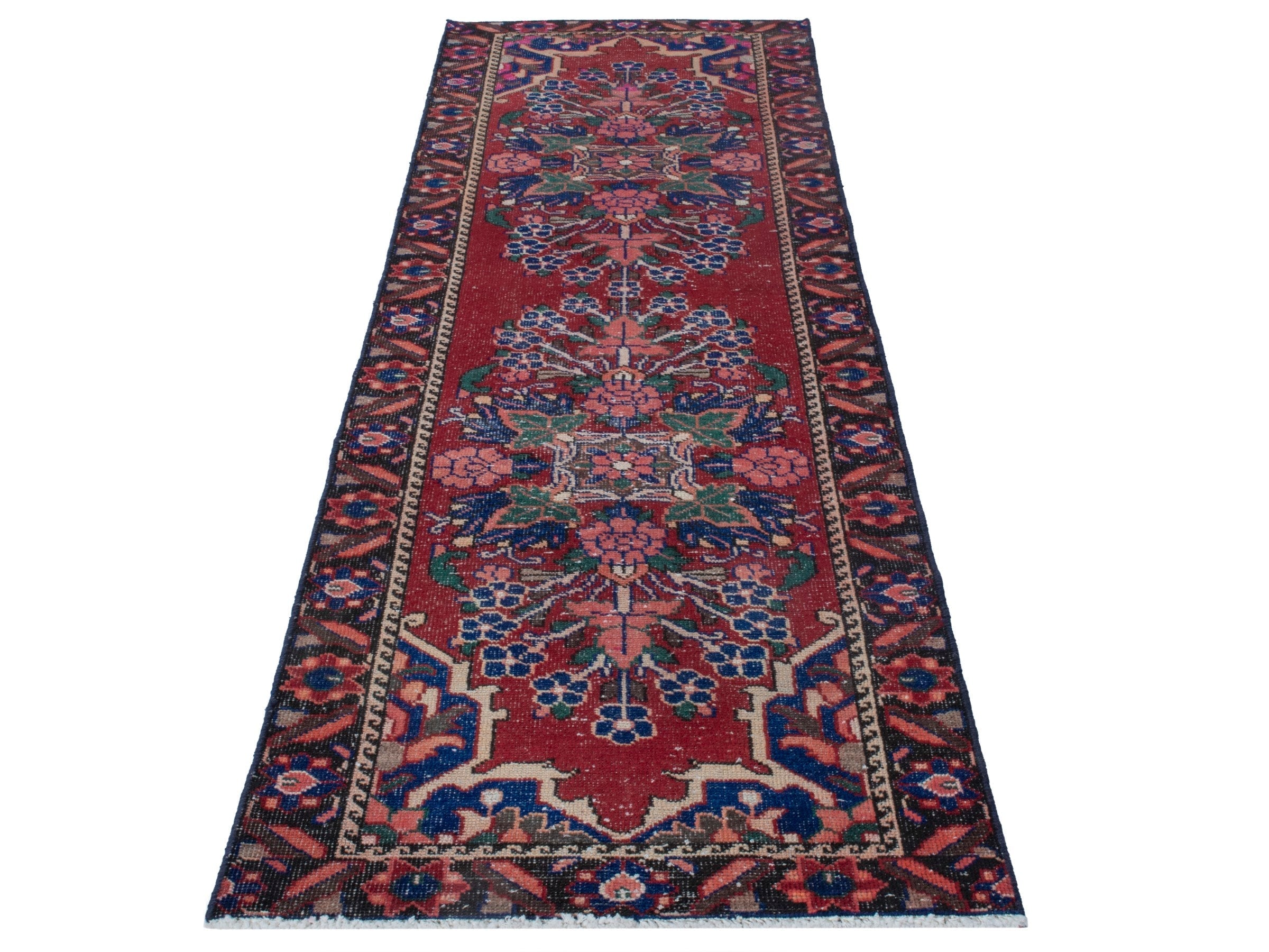Persian Ferdos runner rug in deep red and navy, view 2 of 19