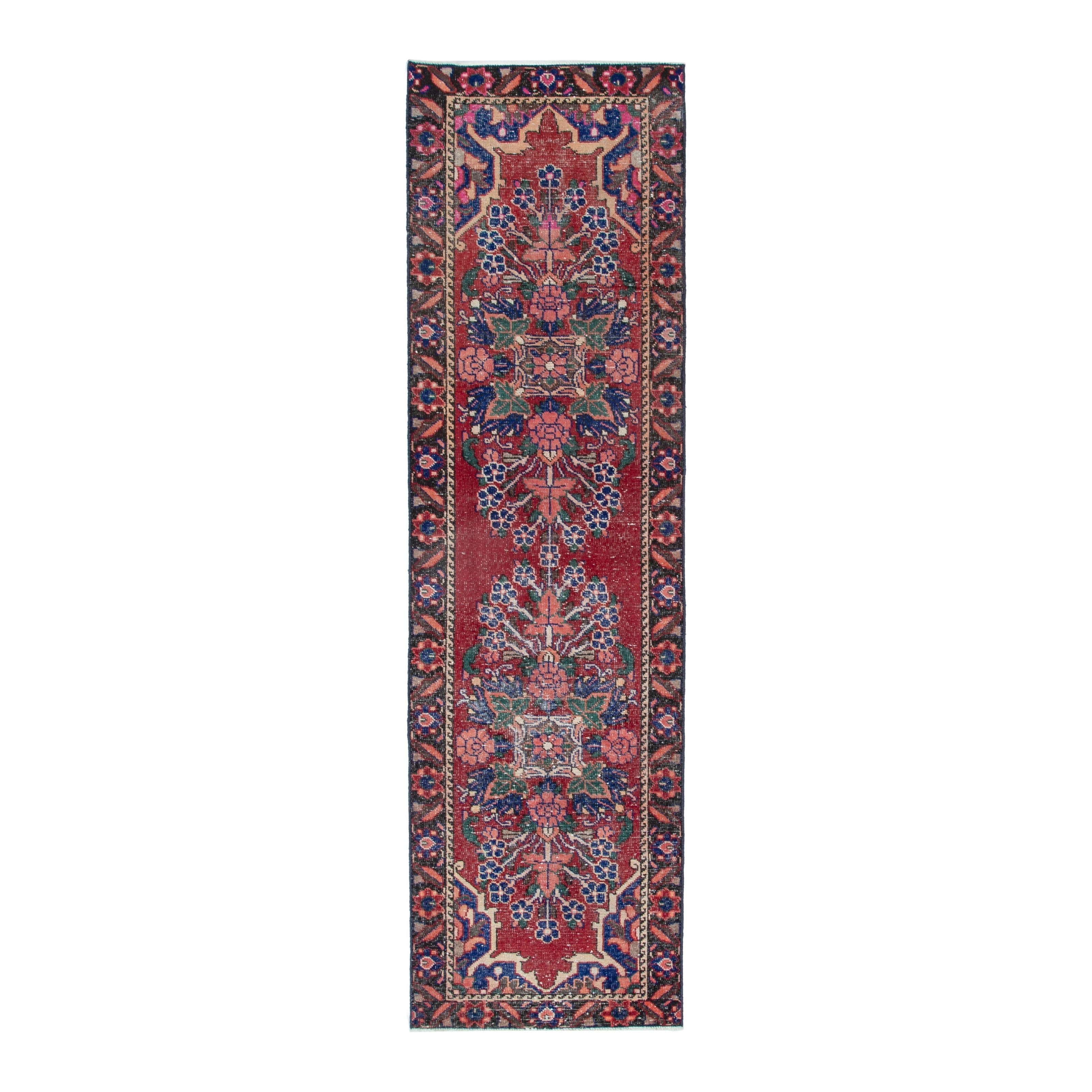Persian Ferdos runner rug in deep red and navy, 2'11" x 10'1"
