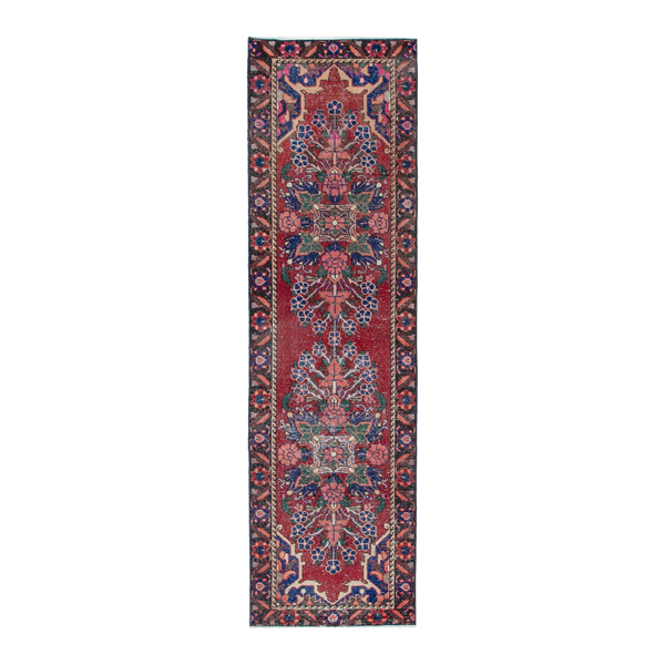 Persian Ferdos runner rug in deep red and navy, 2'11" x 10'1"