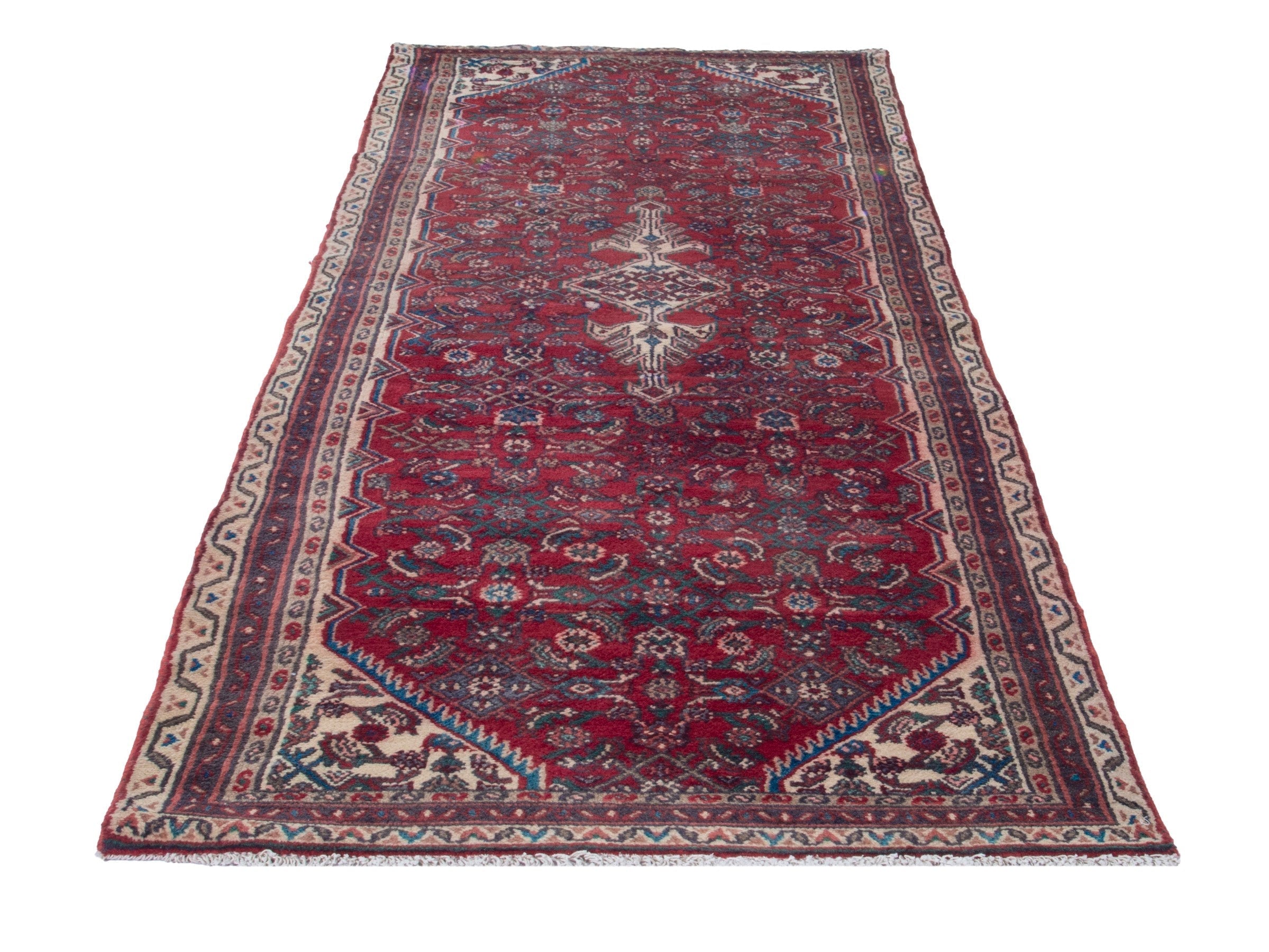 Persian Hamedan runner rug in deep red and cream, view 2 of 19