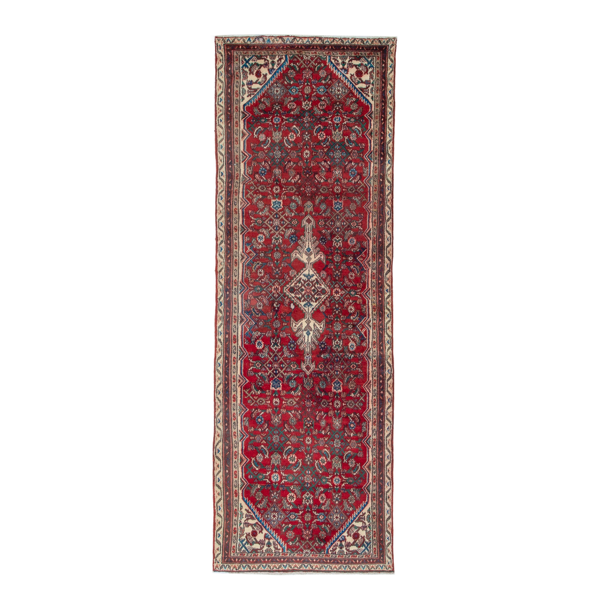 Persian Hamedan runner rug in deep red and cream, 3'3" x 9'10"