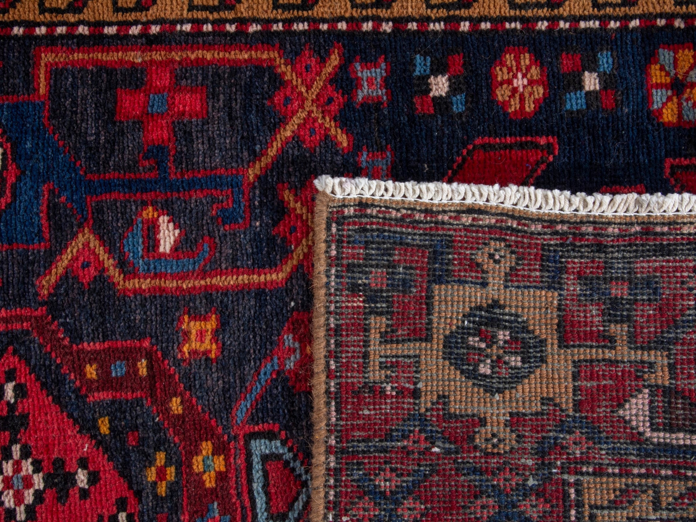 Persian Gorevan runner rug in navy and deep red, view 19 of 19