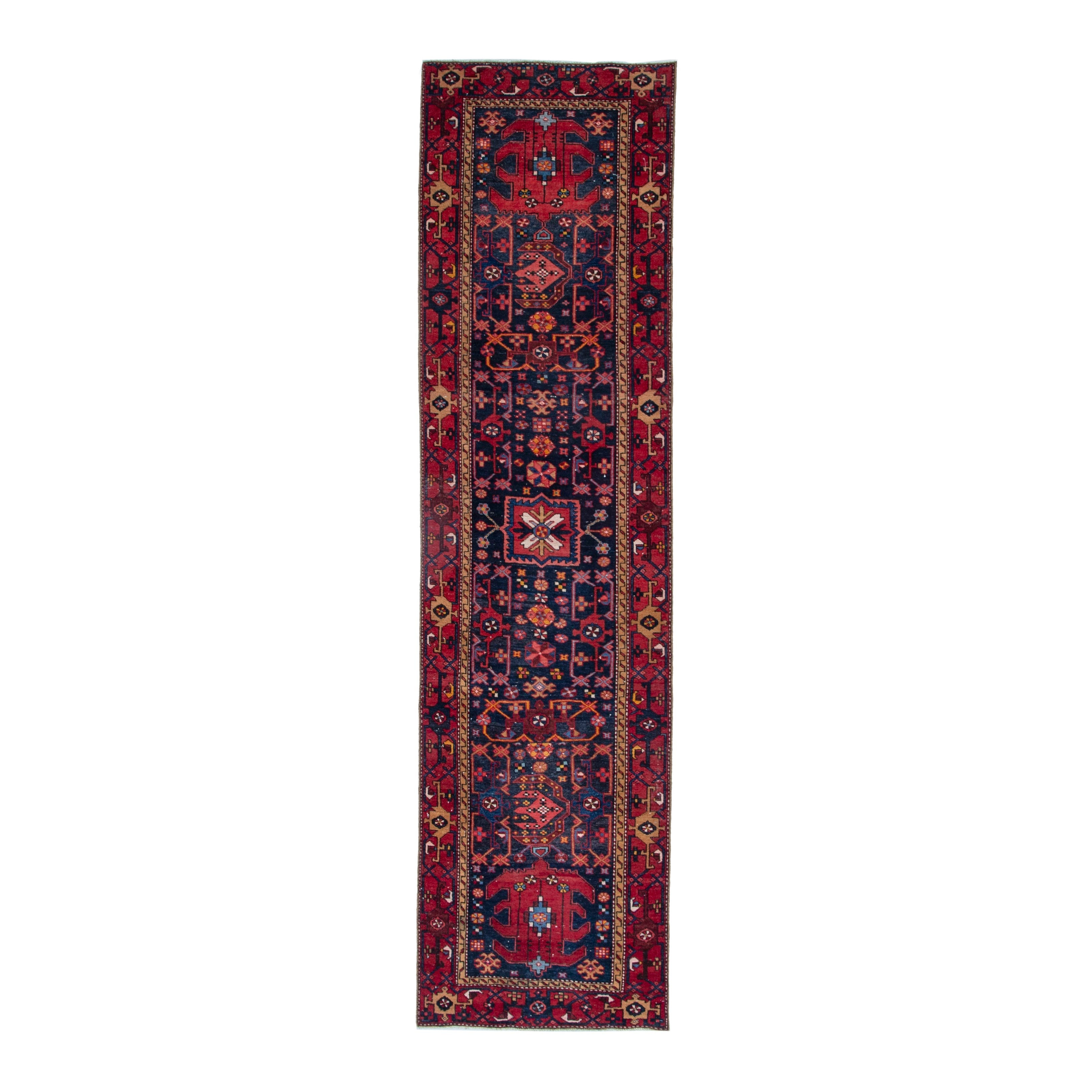 Persian Gorevan runner rug in navy and deep red, 3'1" x 11'2"