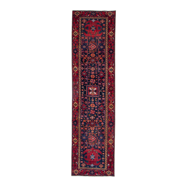 Persian Goravan runner rug in navy and deep red, 3'1" x 11'2"