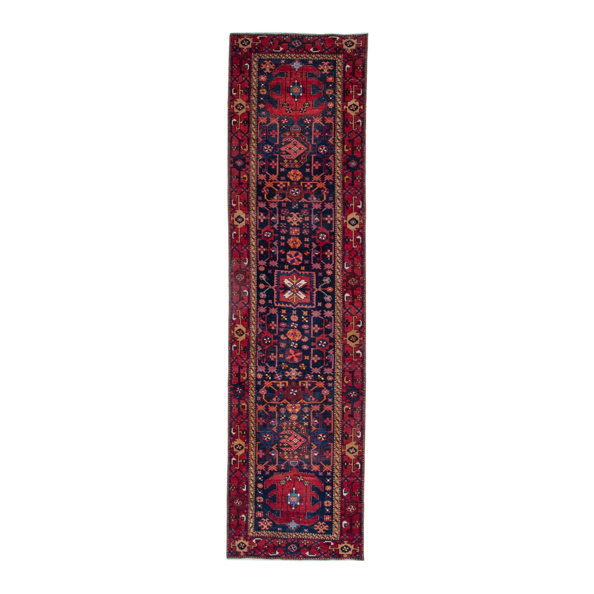 Persian Gorevan runner rug in navy and deep red, 3'1" x 11'2"
