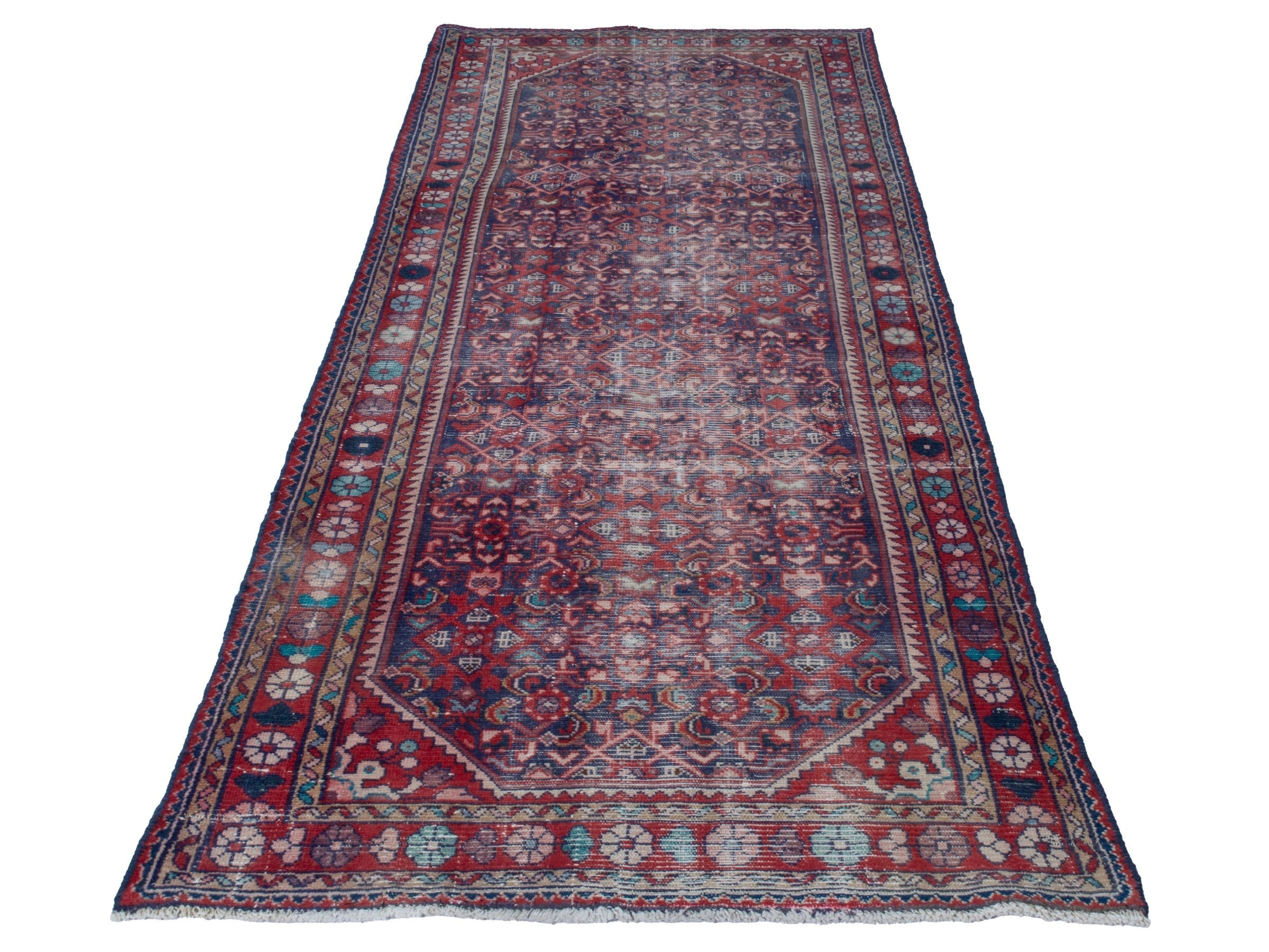 Persian Hamedan runner rug in burgundy and faded red, view 2 of 18