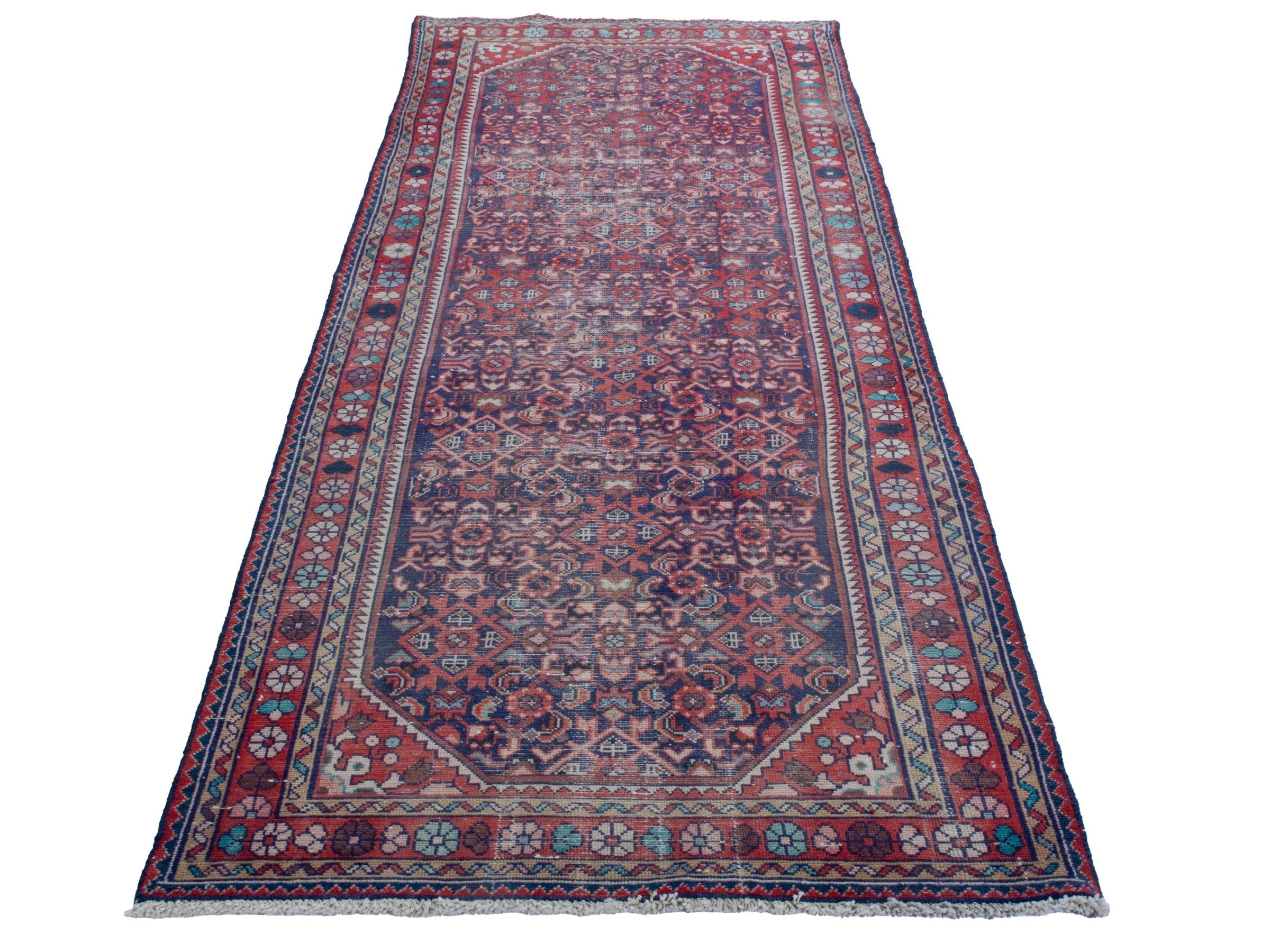 Persian Hamedan runner rug in burgundy and faded red, view 3 of 18