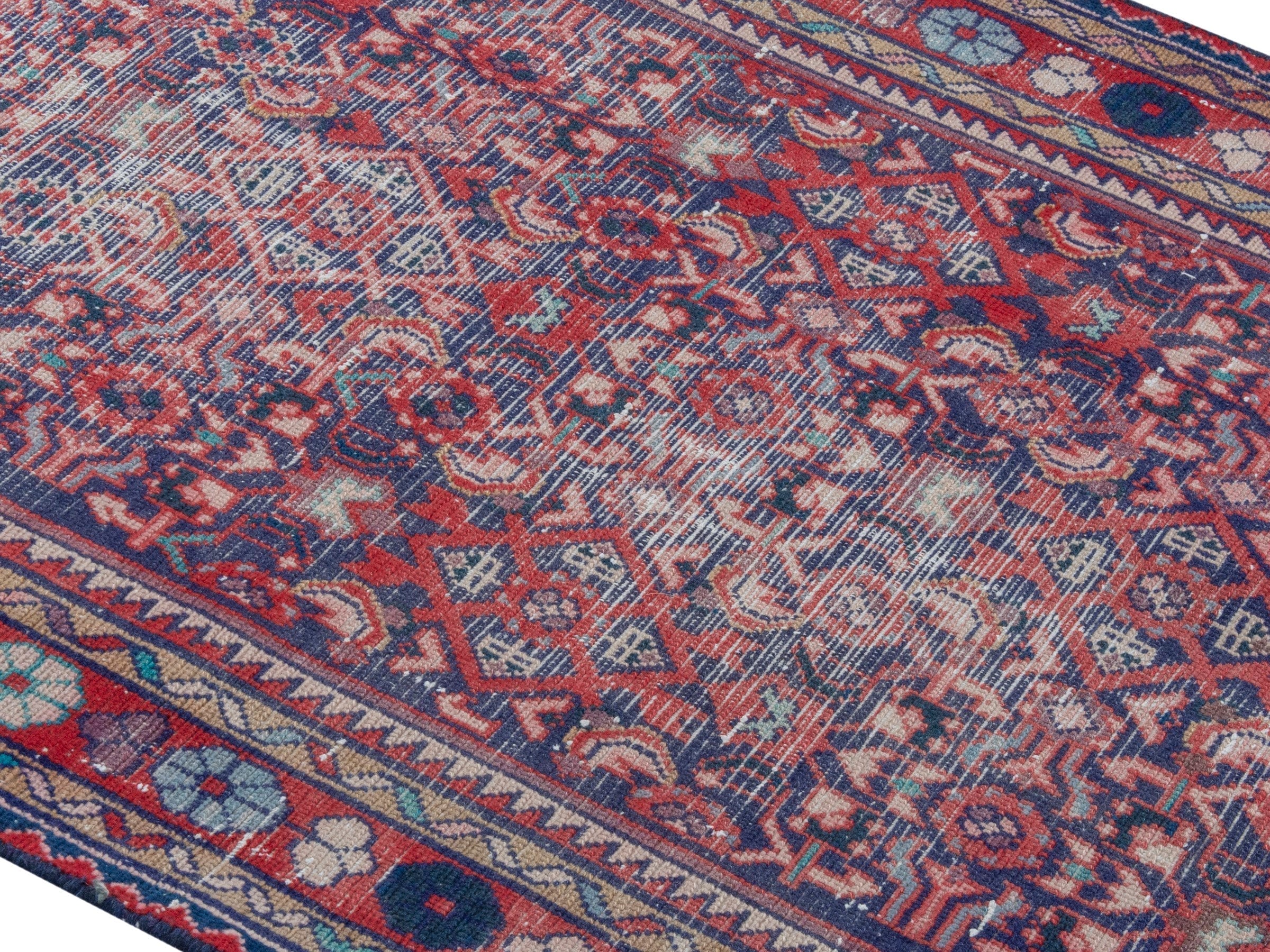 Persian Hamedan runner rug in burgundy and faded red, view 4 of 18