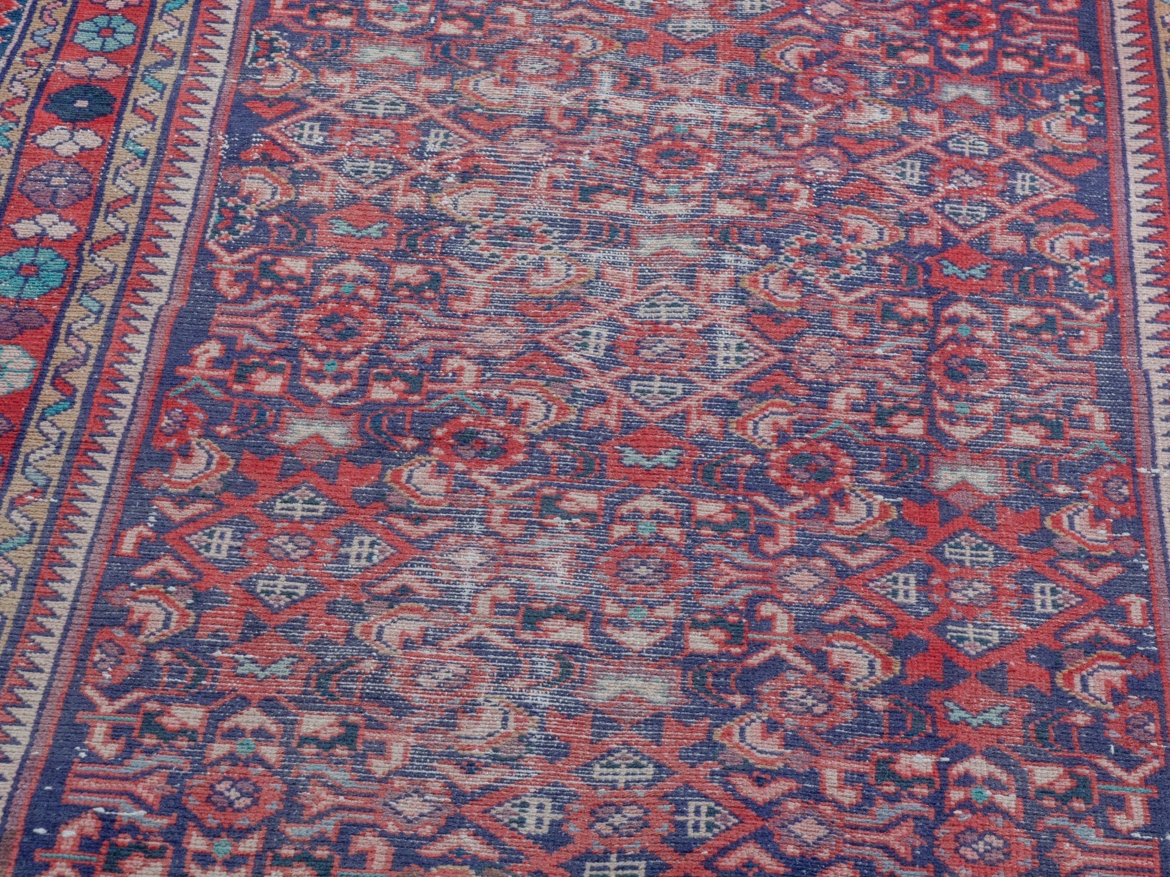 Persian Hamedan runner rug in burgundy and faded red, view 9 of 18
