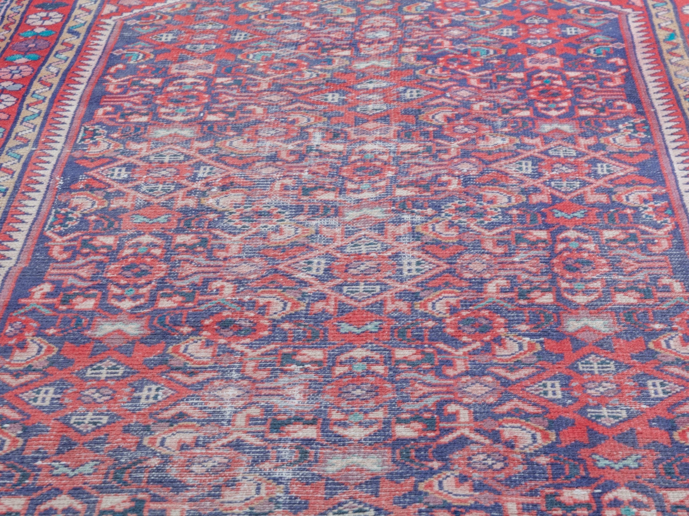 Persian Hamedan runner rug in burgundy and faded red, view 7 of 18