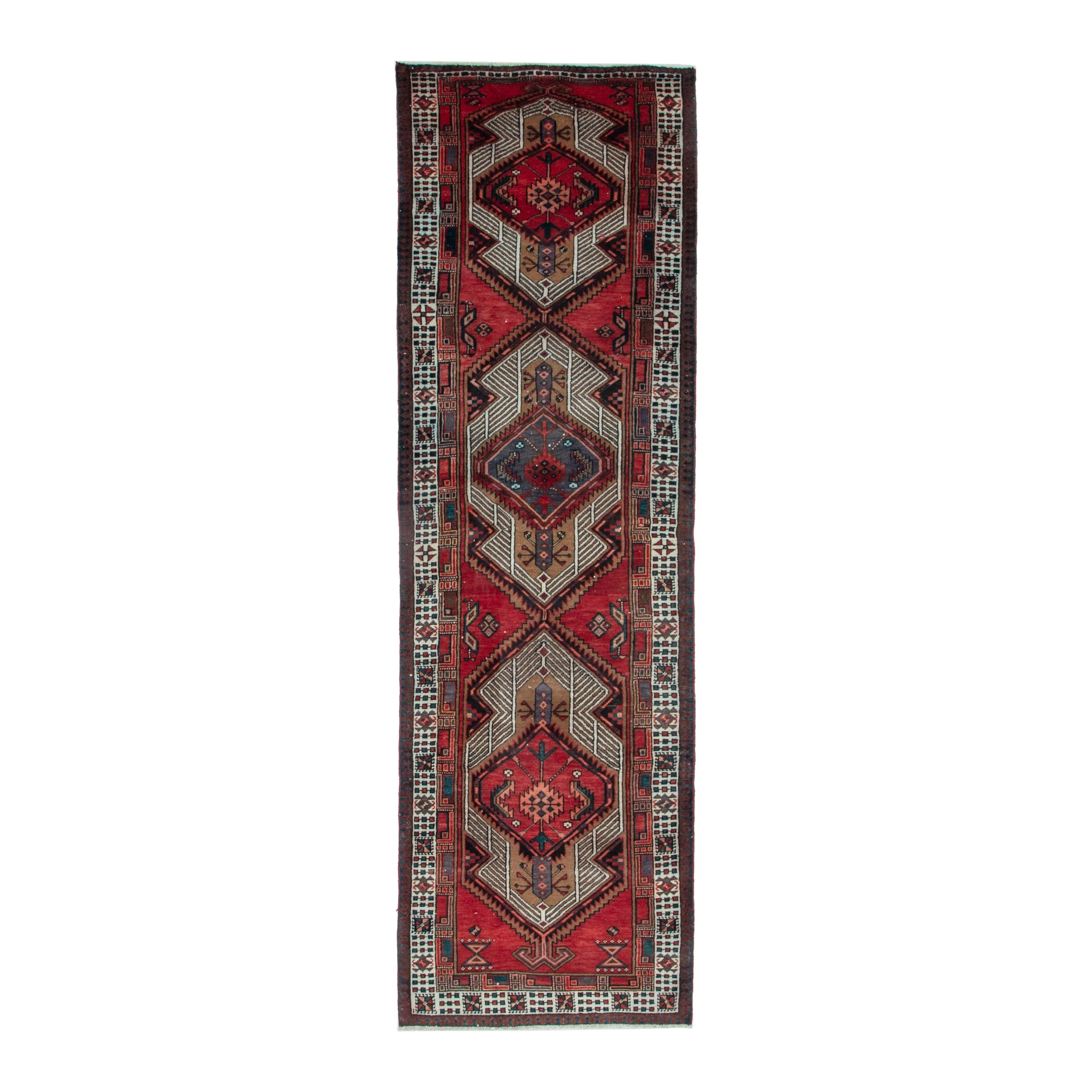 Persian Ardabil runner rug in deep red and cream, 3'5" x 11'