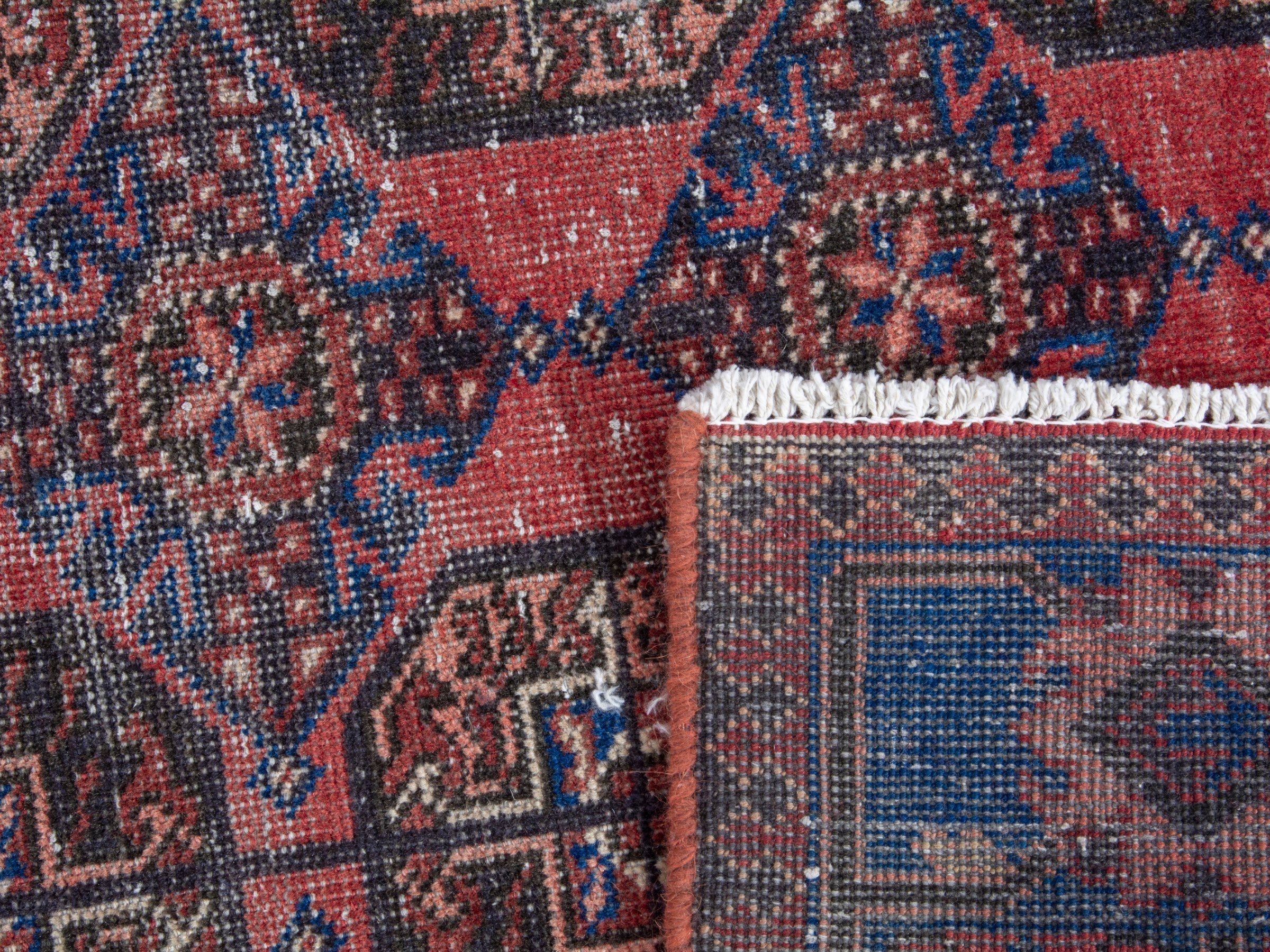 Persian Ferdos runner rug in dusty rose and dark blue, view 18 of 18