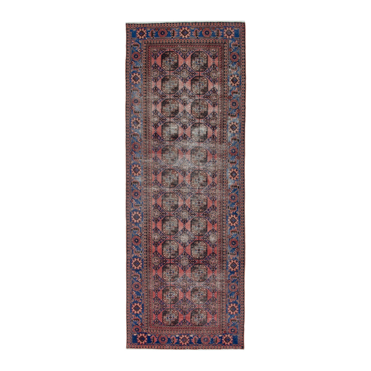 Persian Baluch runner rug in dusty rose and dark blue, 3'11" x 9'10"