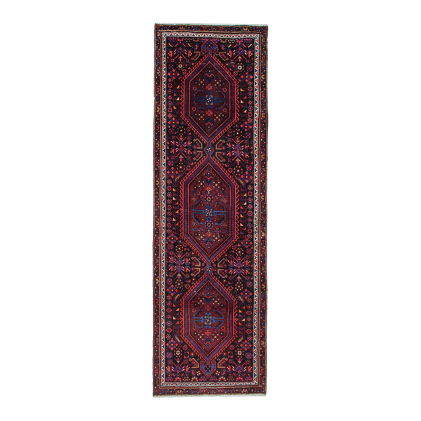 Persian Zanjan runner rug in burgundy and brick, 3'1" x 9'4"