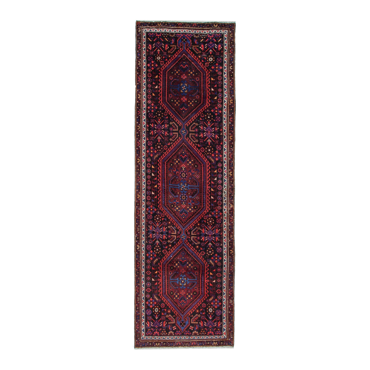 Persian Zanjan runner rug in burgundy and brick, 3'1" x 9'4"