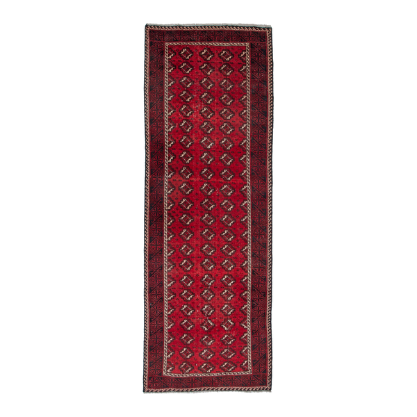 Persian Baluch runner rug in deep red and burgundy, 3'6" x 9'5"