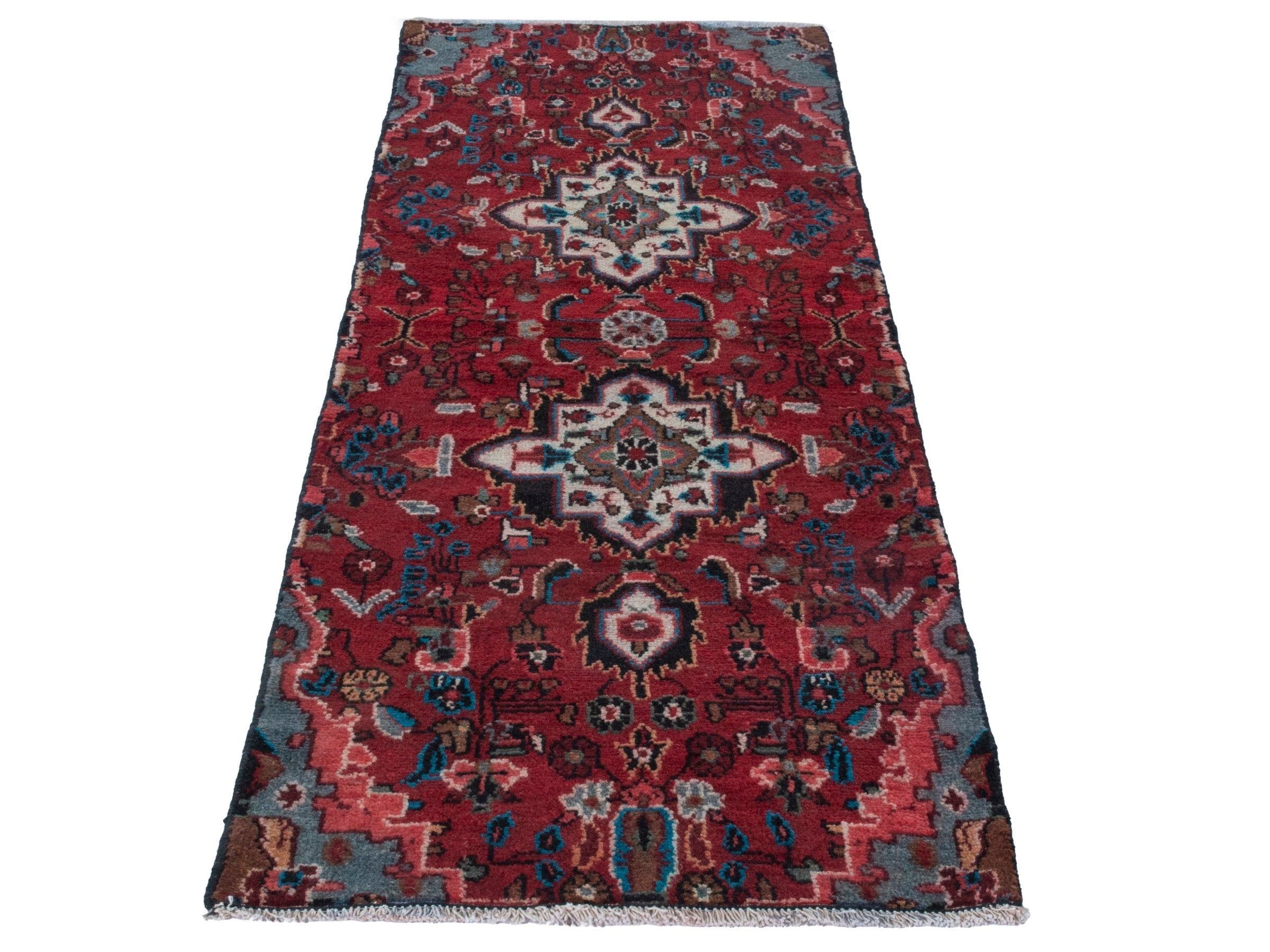 Persian Hamedan runner rug in deep red and off-white, view 2 of 18
