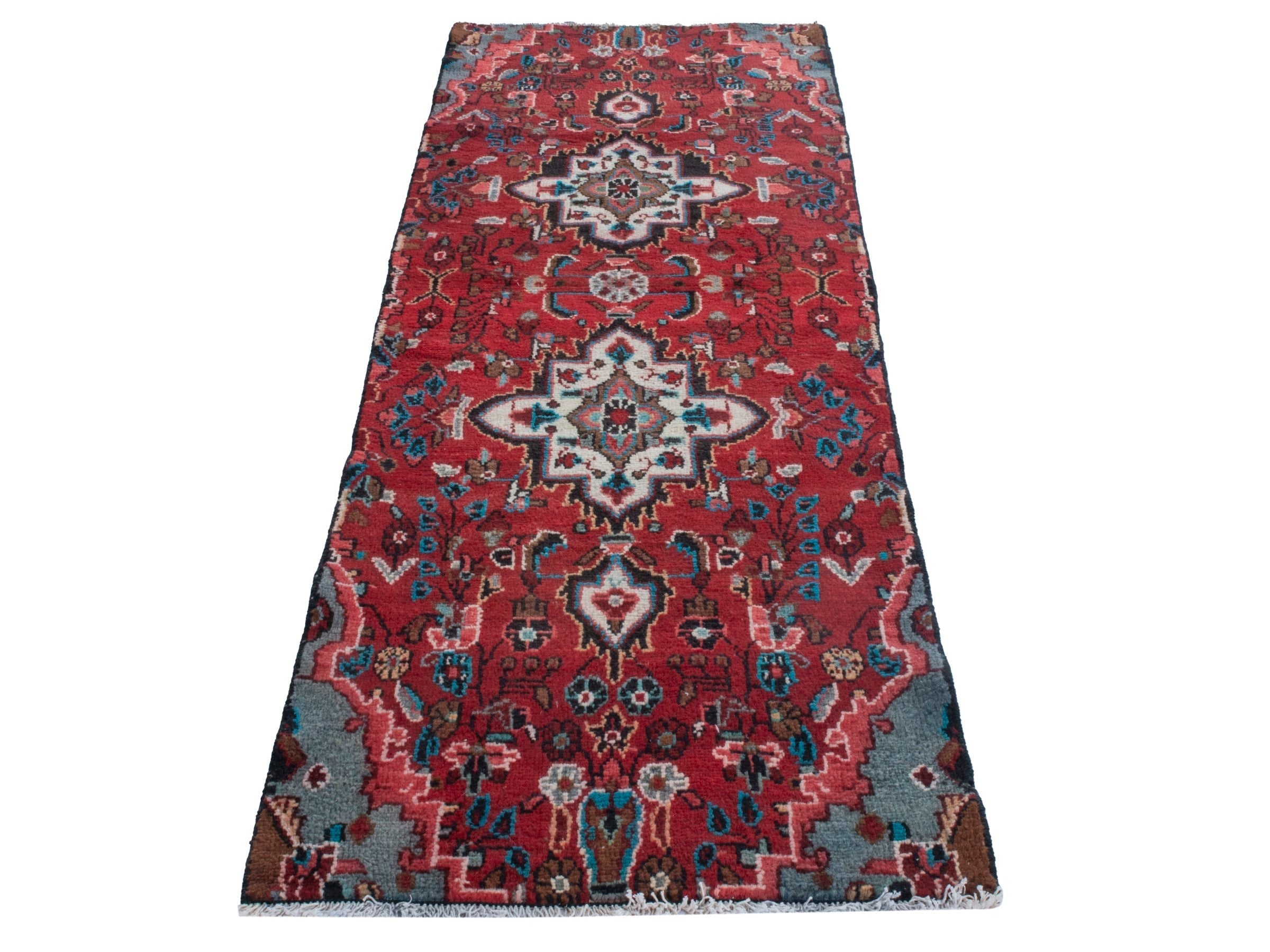 Persian Hamedan runner rug in deep red and off-white, view 3 of 18