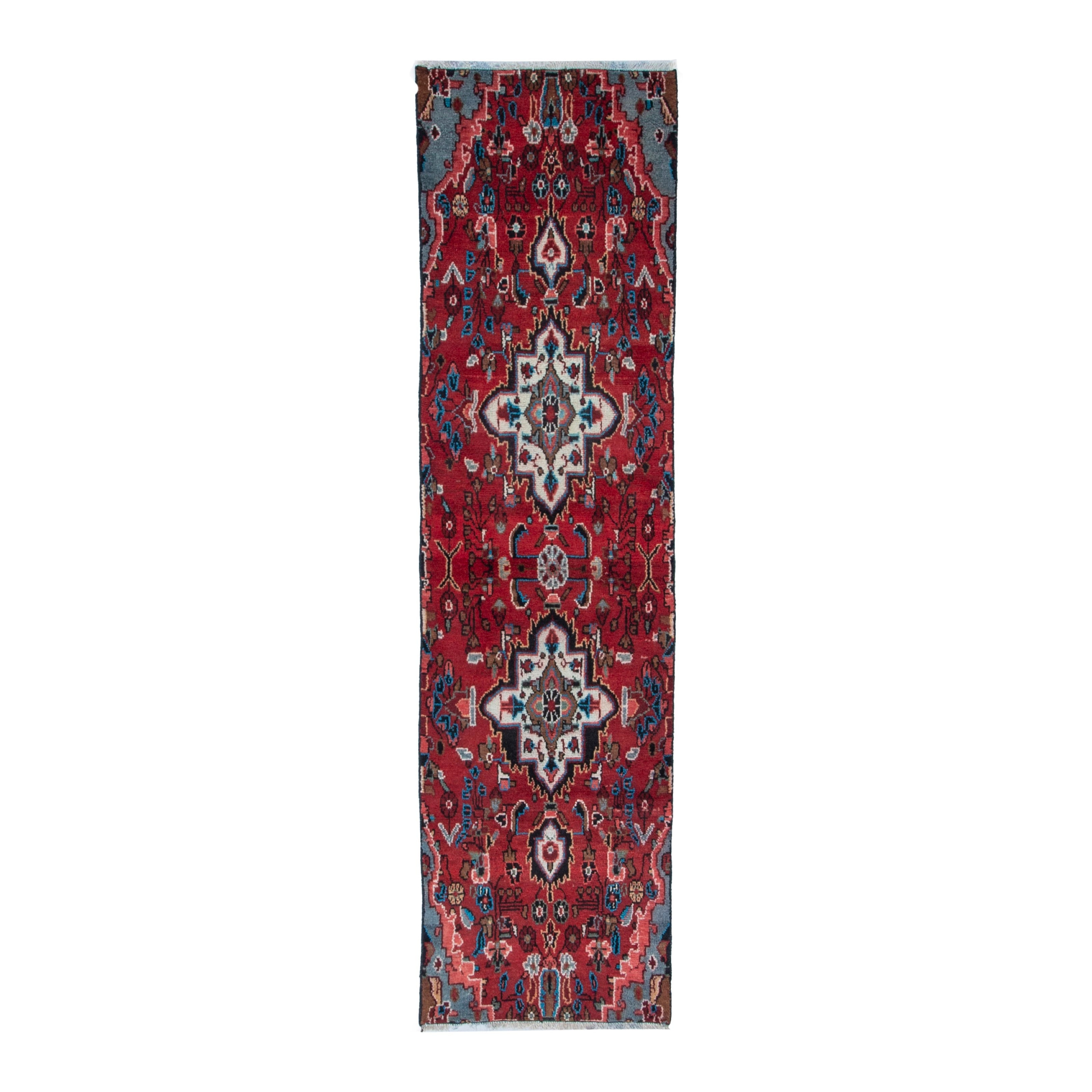 Persian Hamedan runner rug in deep red and off-white, 2'6" x 8'6"
