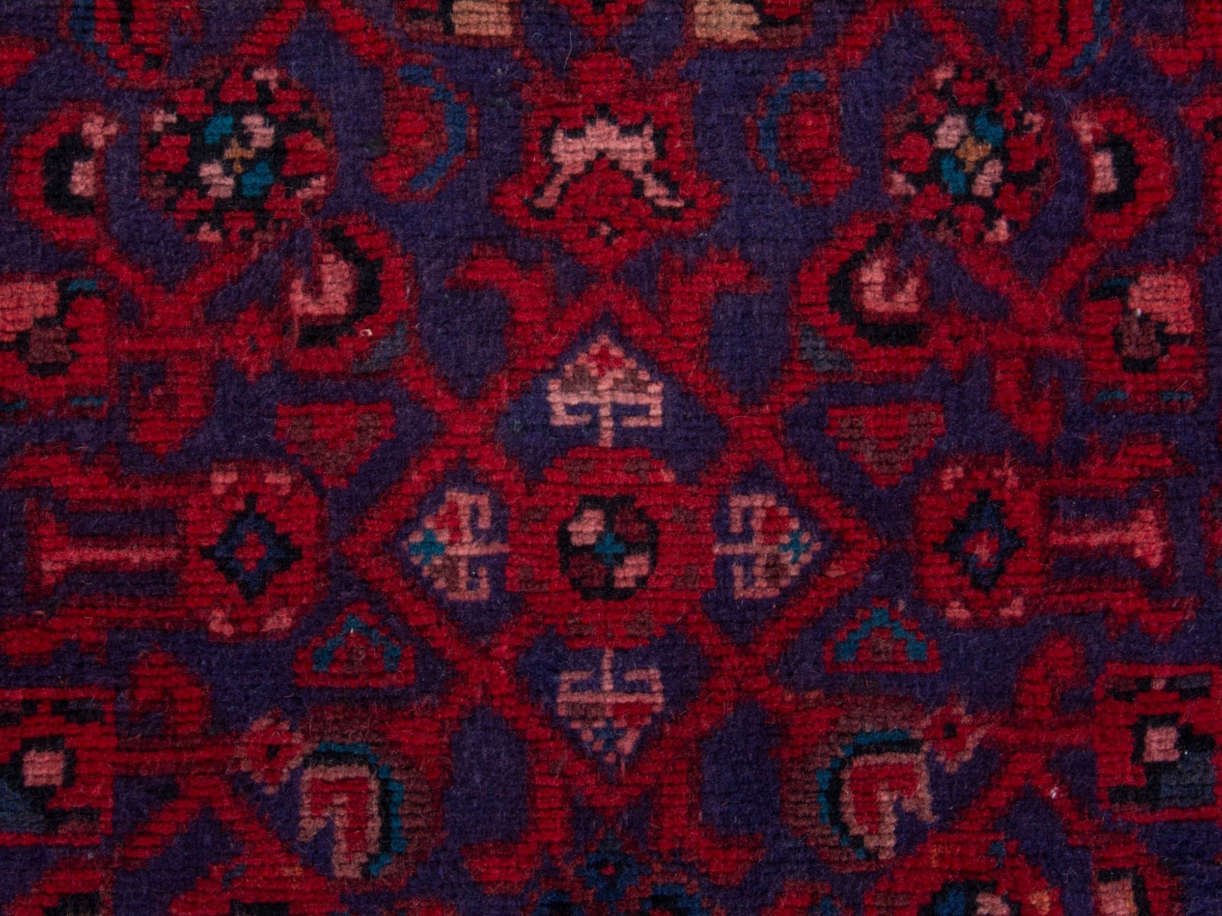 Persian Hamedan runner rug in deep red and dark blue, view 12 of 19