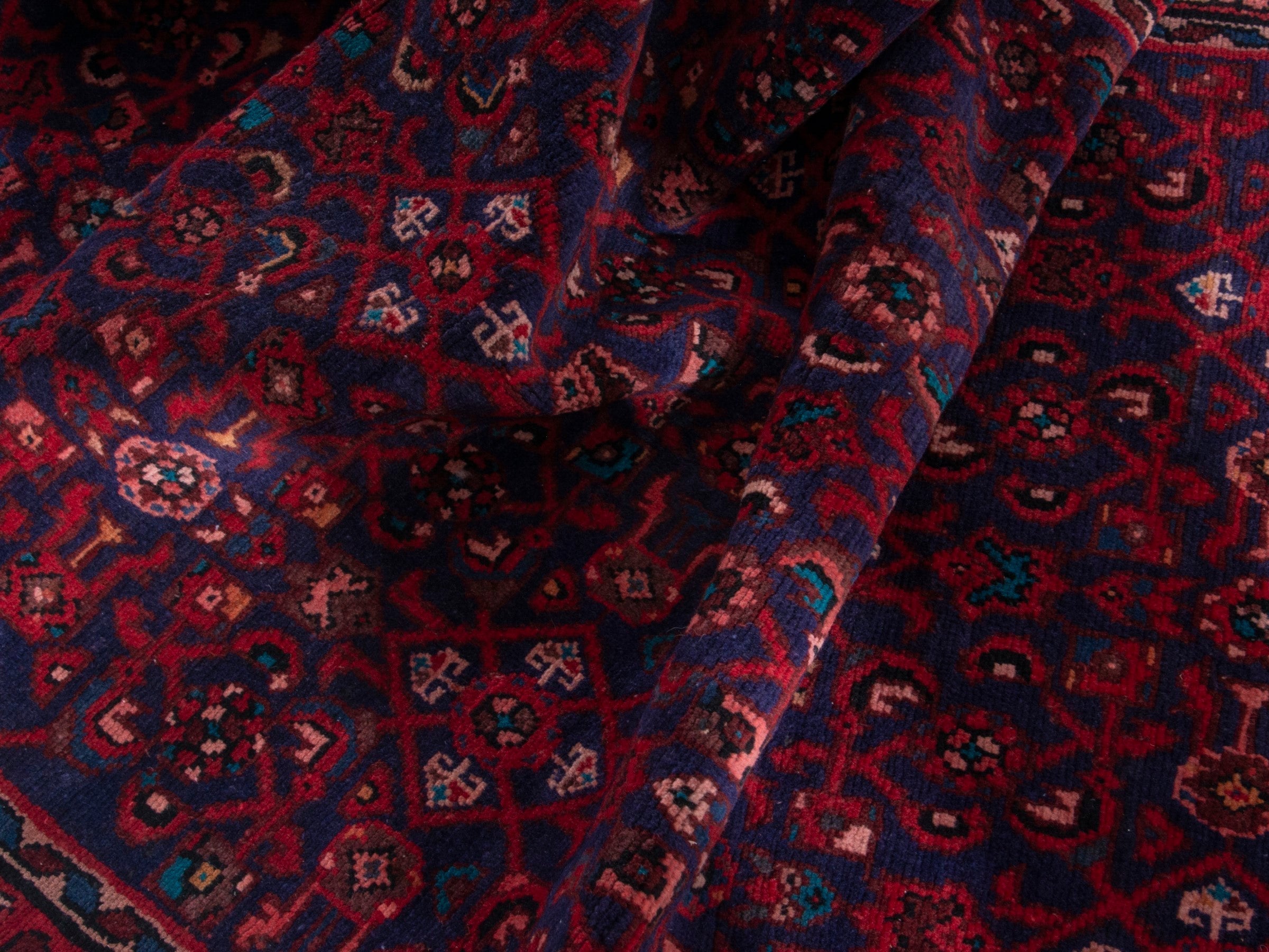 Persian Hamedan runner rug in deep red and dark blue, view 15 of 19