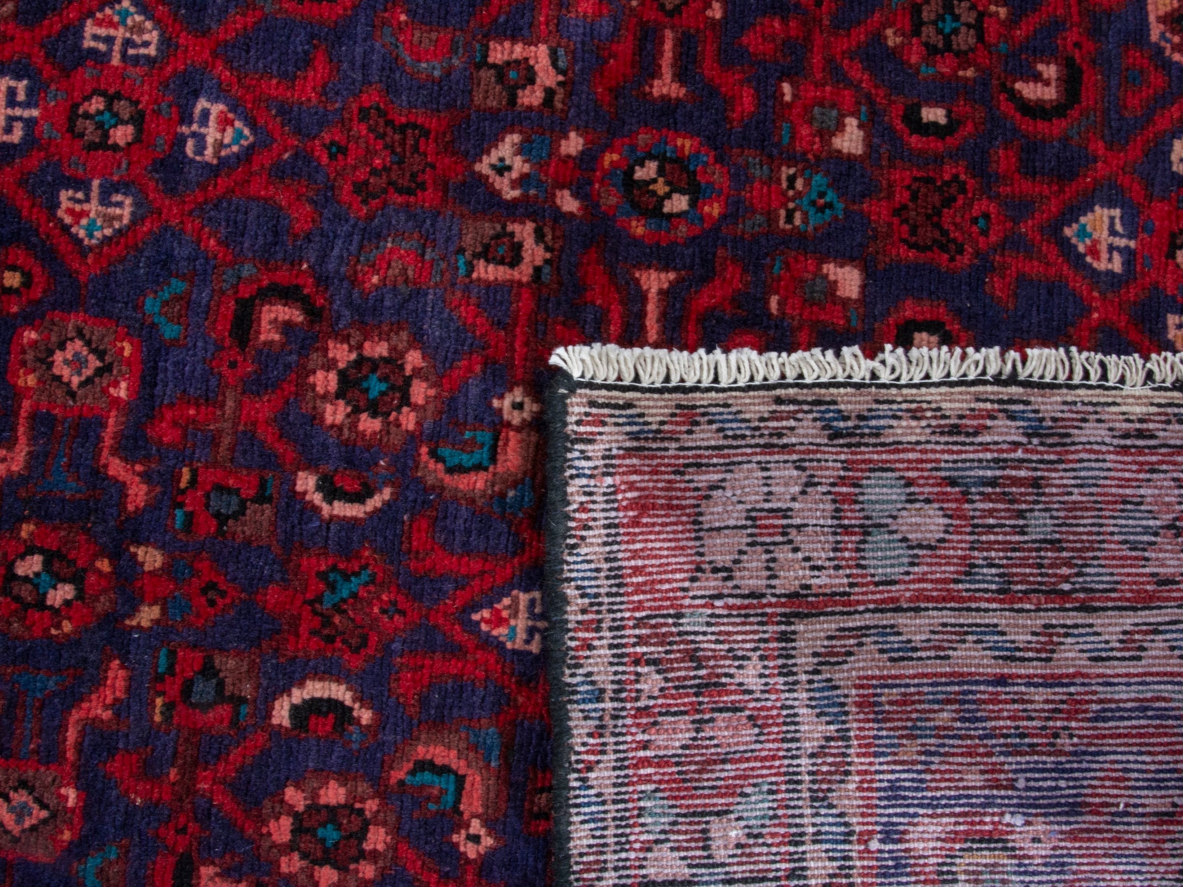 Persian Hamedan runner rug in deep red and dark blue, view 19 of 19