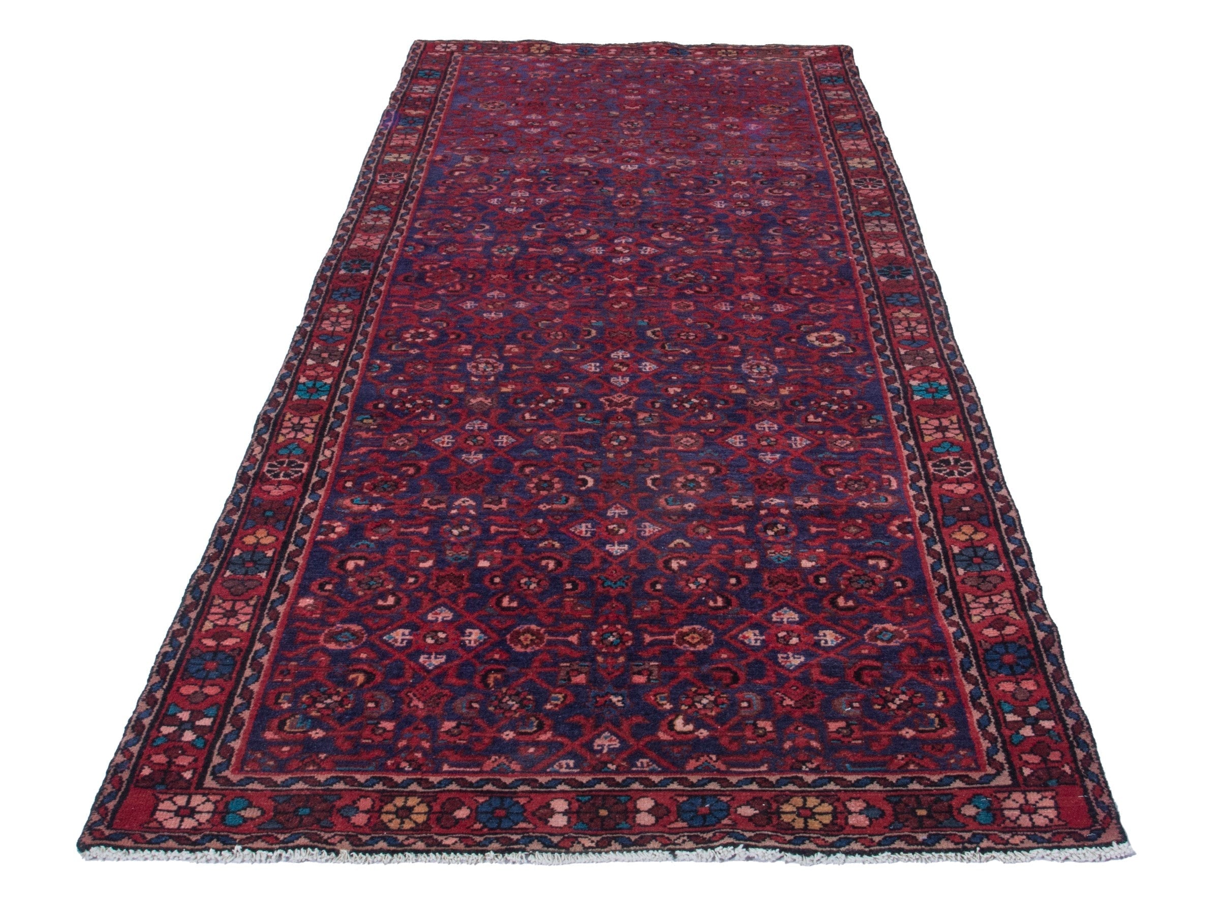 Persian Hamedan runner rug in deep red and dark blue, view 2 of 19