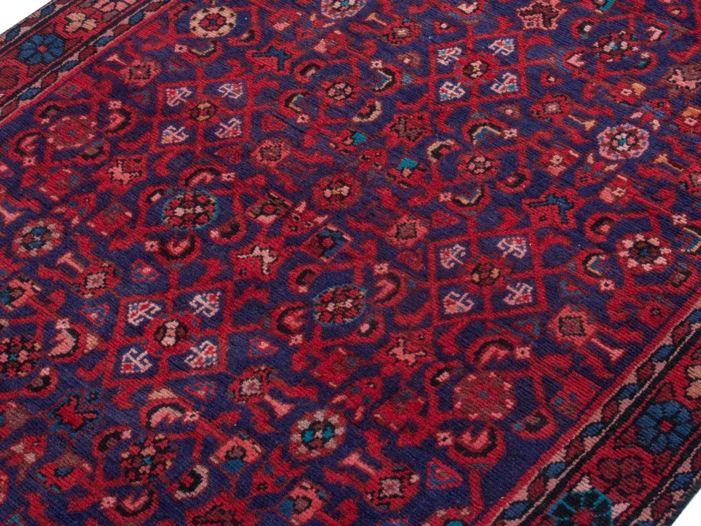Persian Hamedan runner rug in deep red and dark blue, view 4 of 19