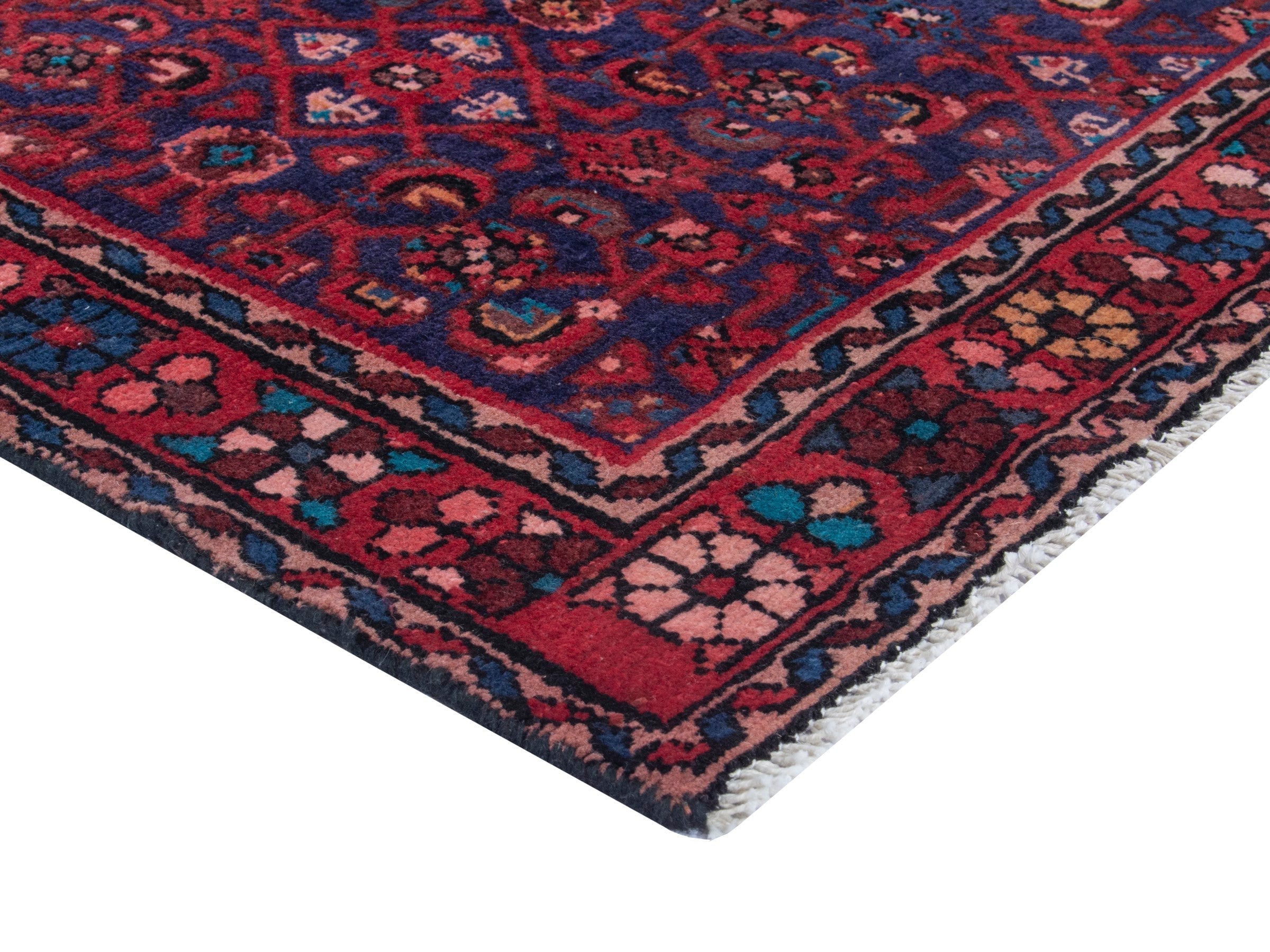 Persian Hamedan runner rug in deep red and dark blue, view 5 of 19