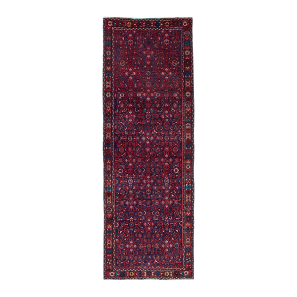 Persian Hamadan runner rug in deep red and dark blue, 3'5" x 10'1"