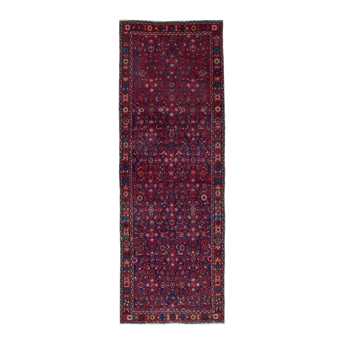 Persian Hamedan runner rug in deep red and dark blue, 3'5" x 10'1"