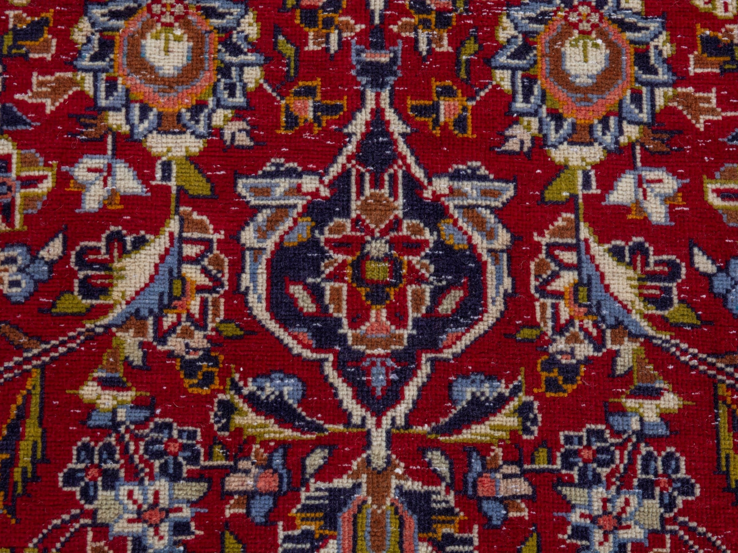 Persian Kashan area rug in deep red and dark blue, view 13 of 22