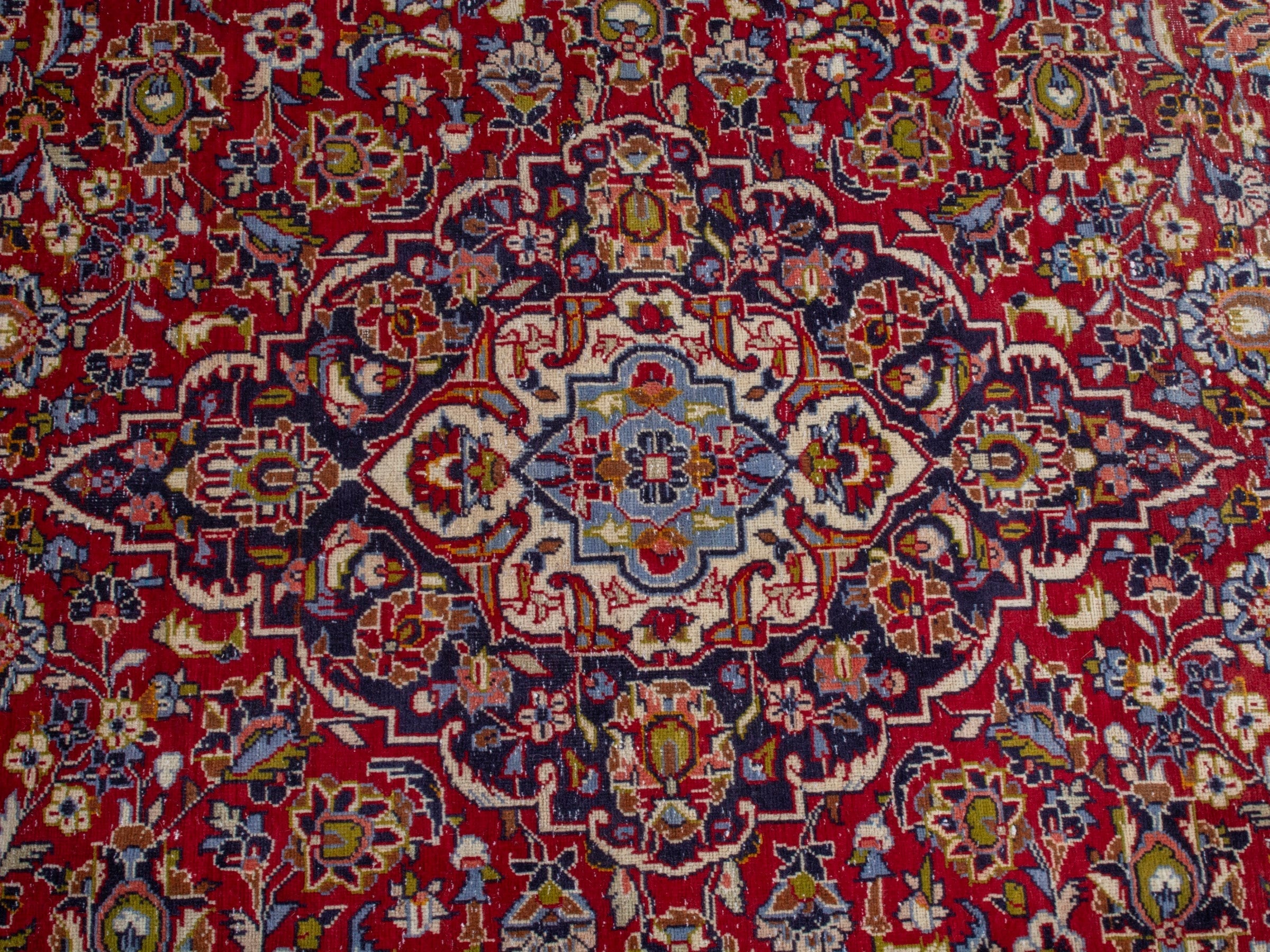 Persian Kashan area rug in deep red and dark blue, view 14 of 22