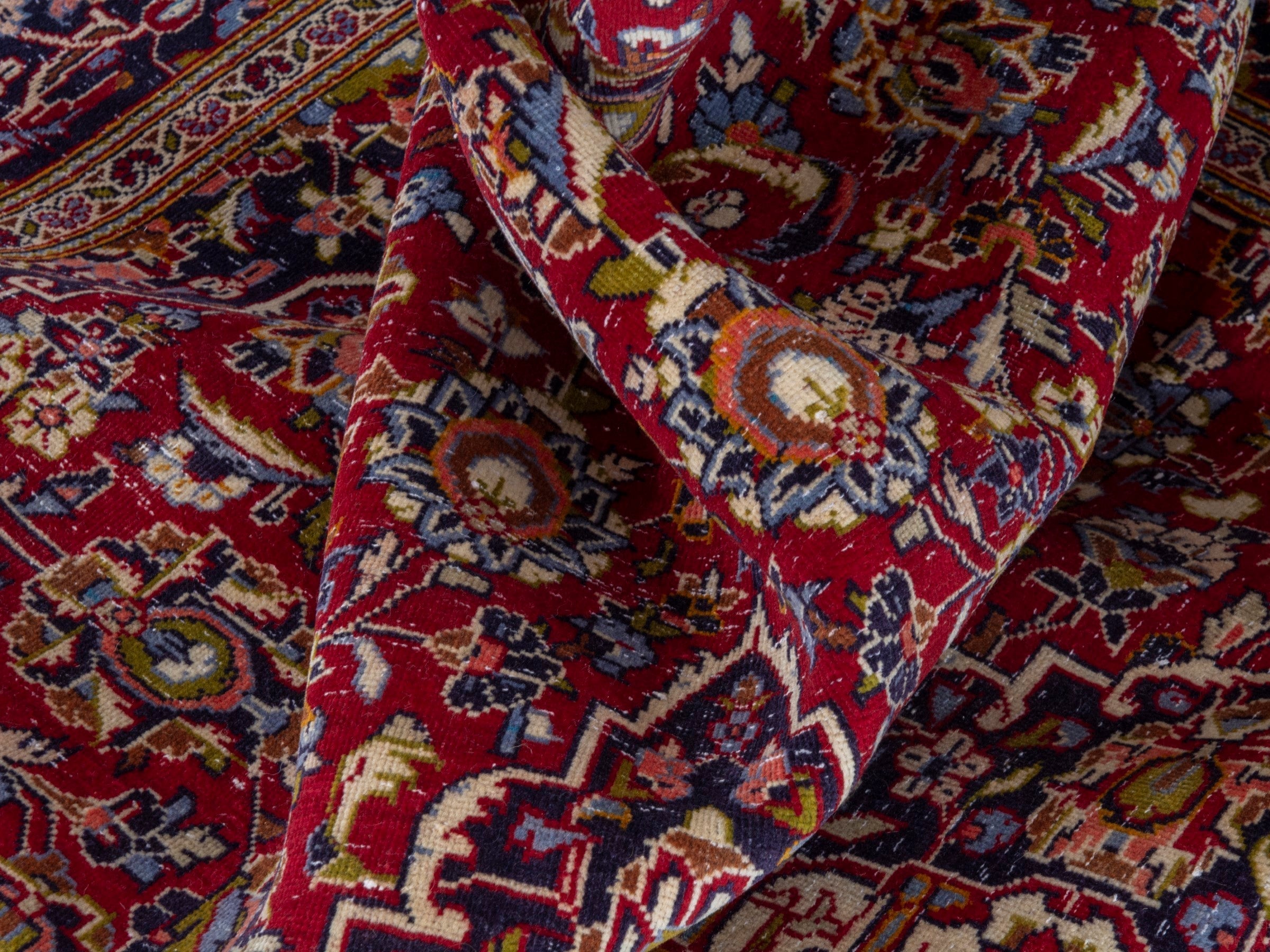 Persian Kashan area rug in deep red and dark blue, view 19 of 22