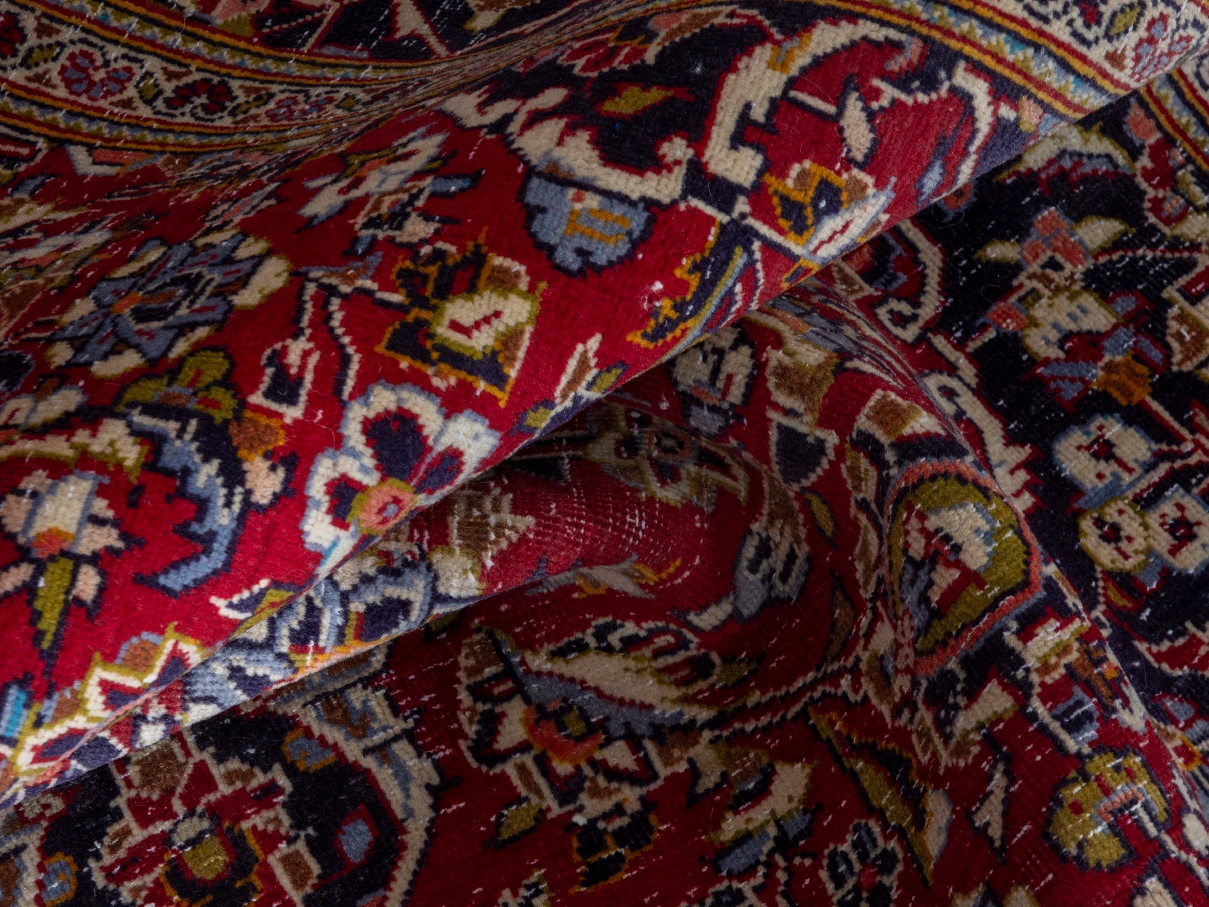 Persian Kashan area rug in deep red and dark blue, view 20 of 22